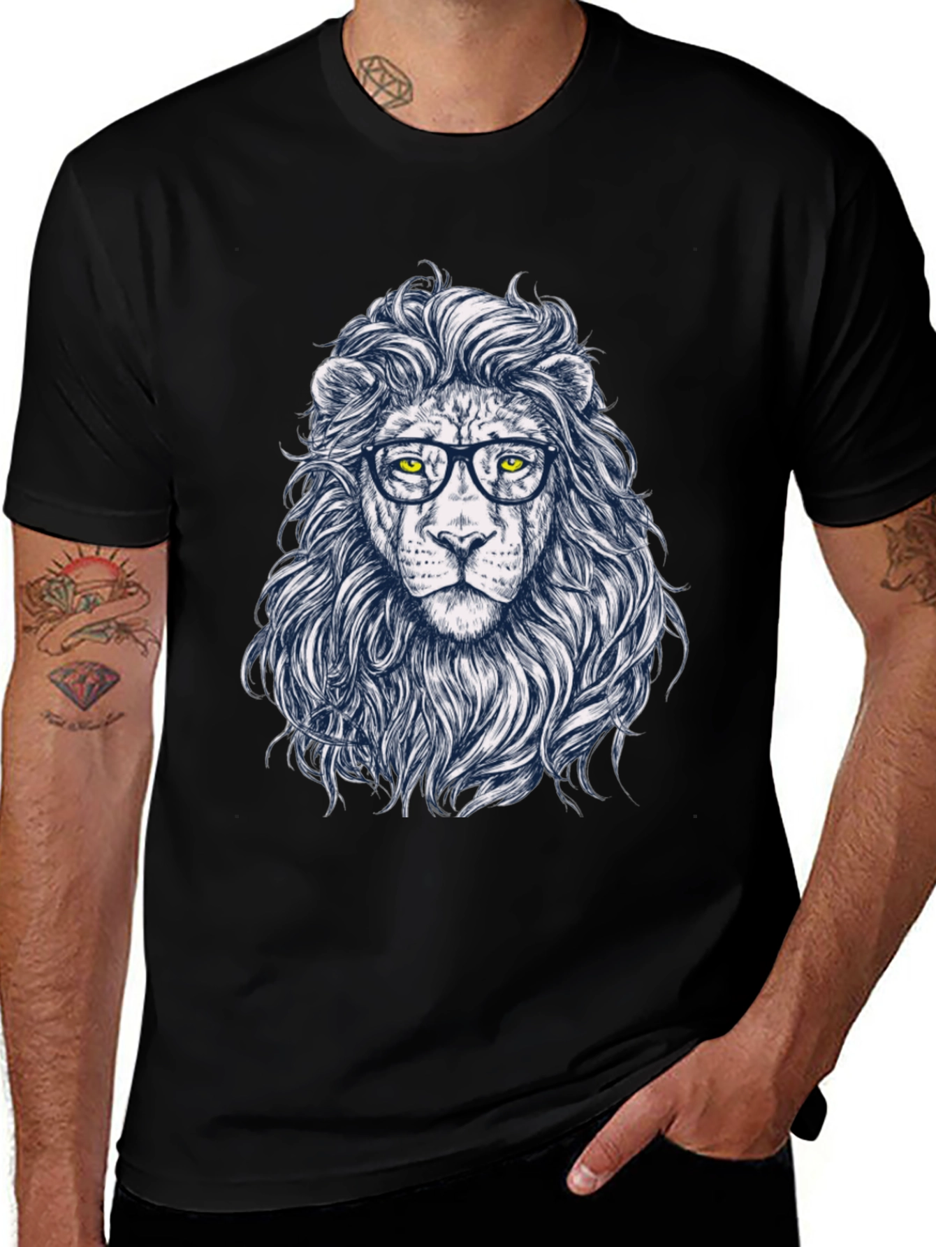 Lion with Glasses Black T-Shirt