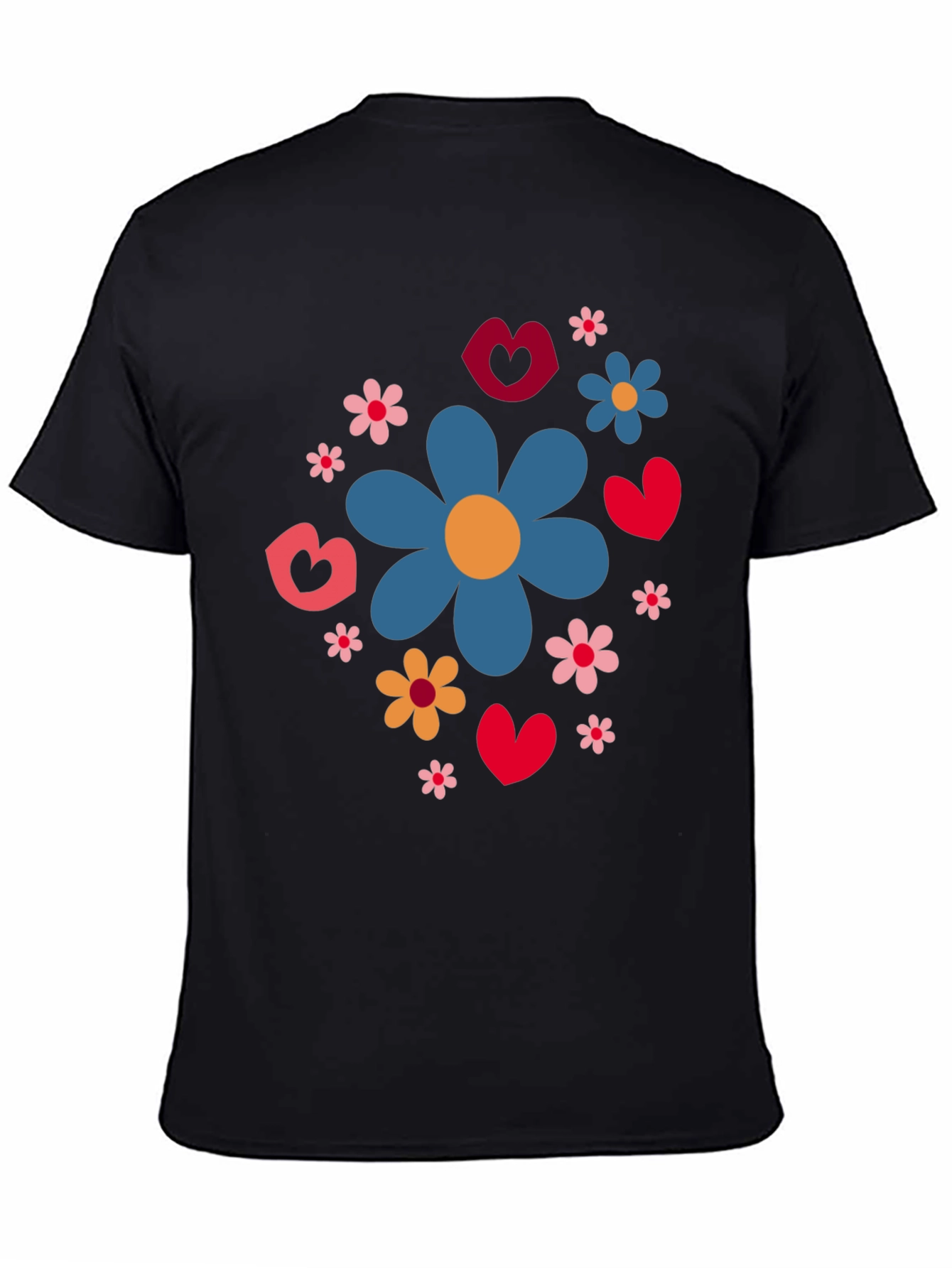 Floral Heart Pattern Black T-Shirt
