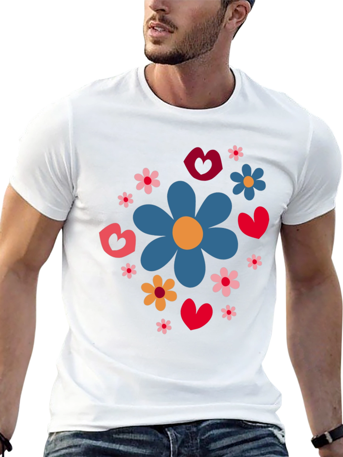 Floral Heart Pattern Black T-Shirt
