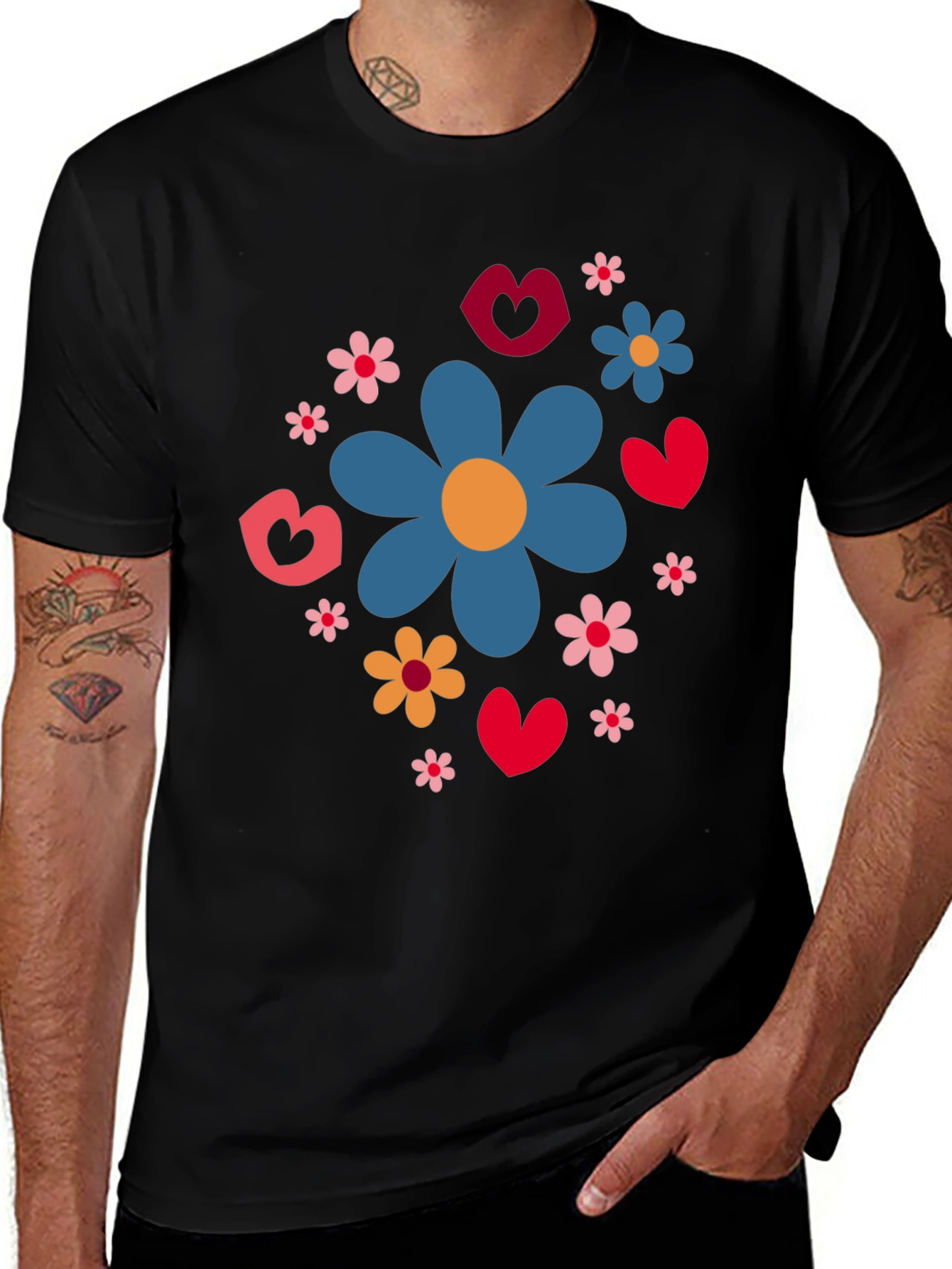 Floral Heart Pattern Black T-Shirt