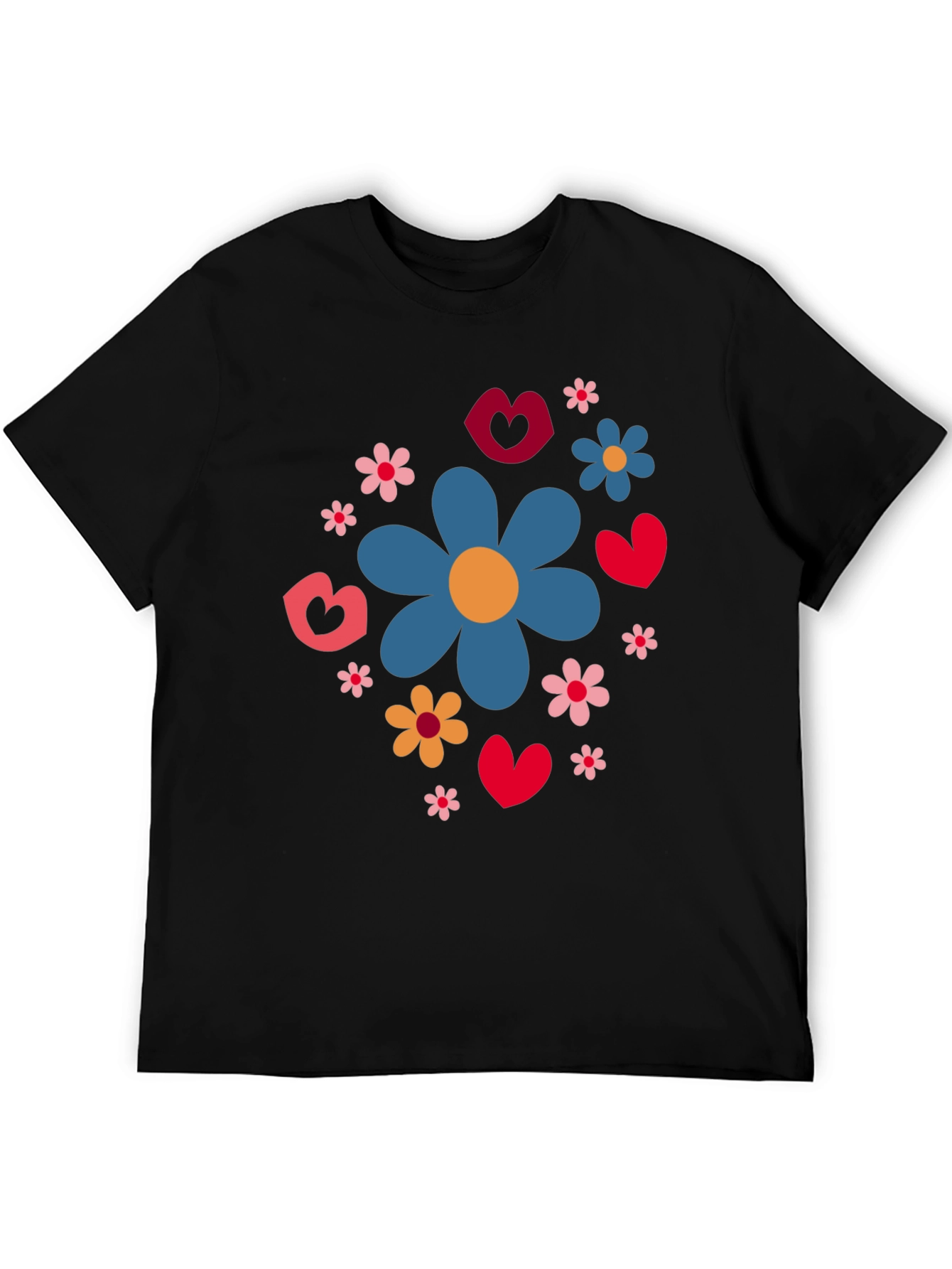 Floral Heart Pattern Black T-Shirt