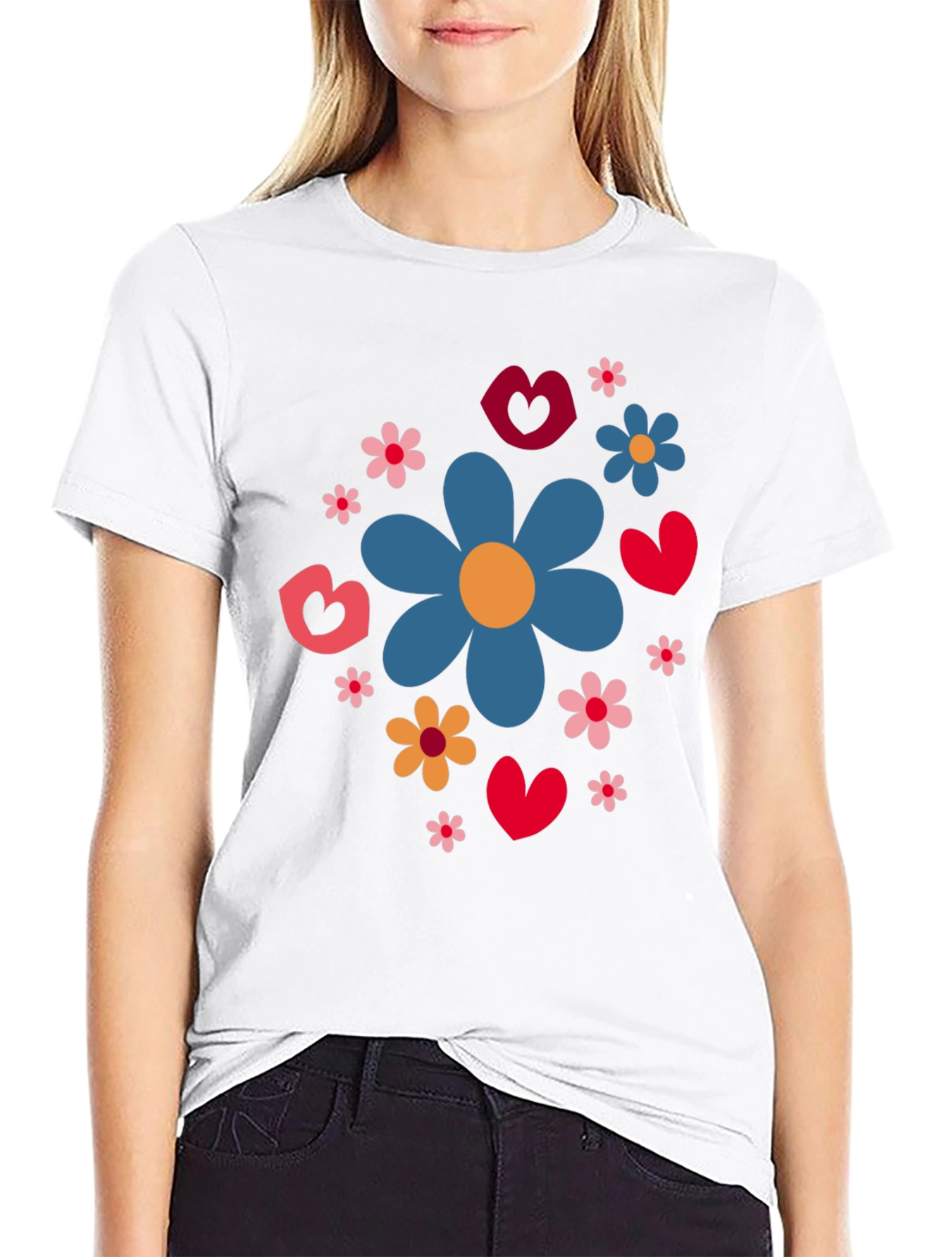 Floral Heart Pattern Black T-Shirt