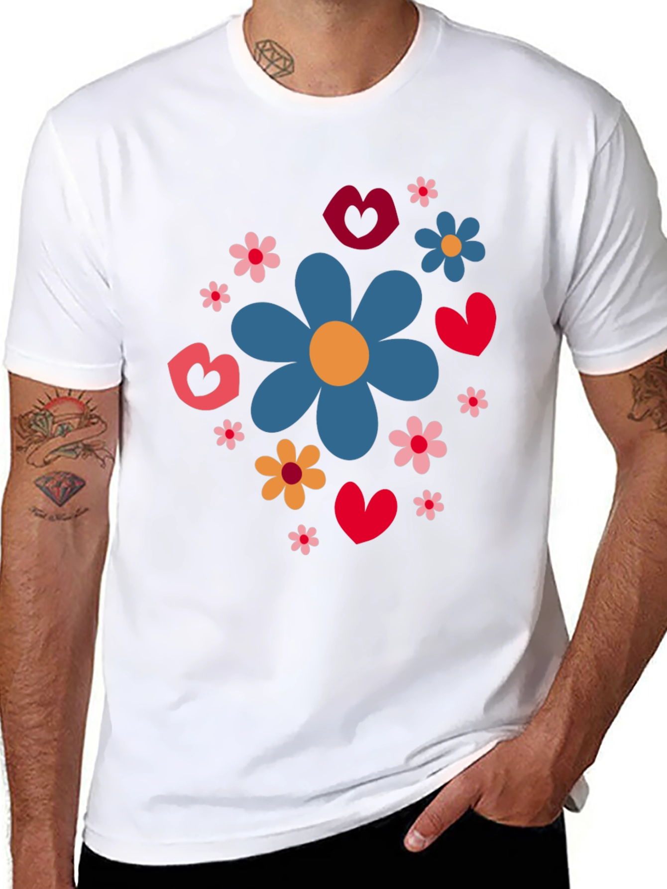 Floral Heart Pattern Black T-Shirt