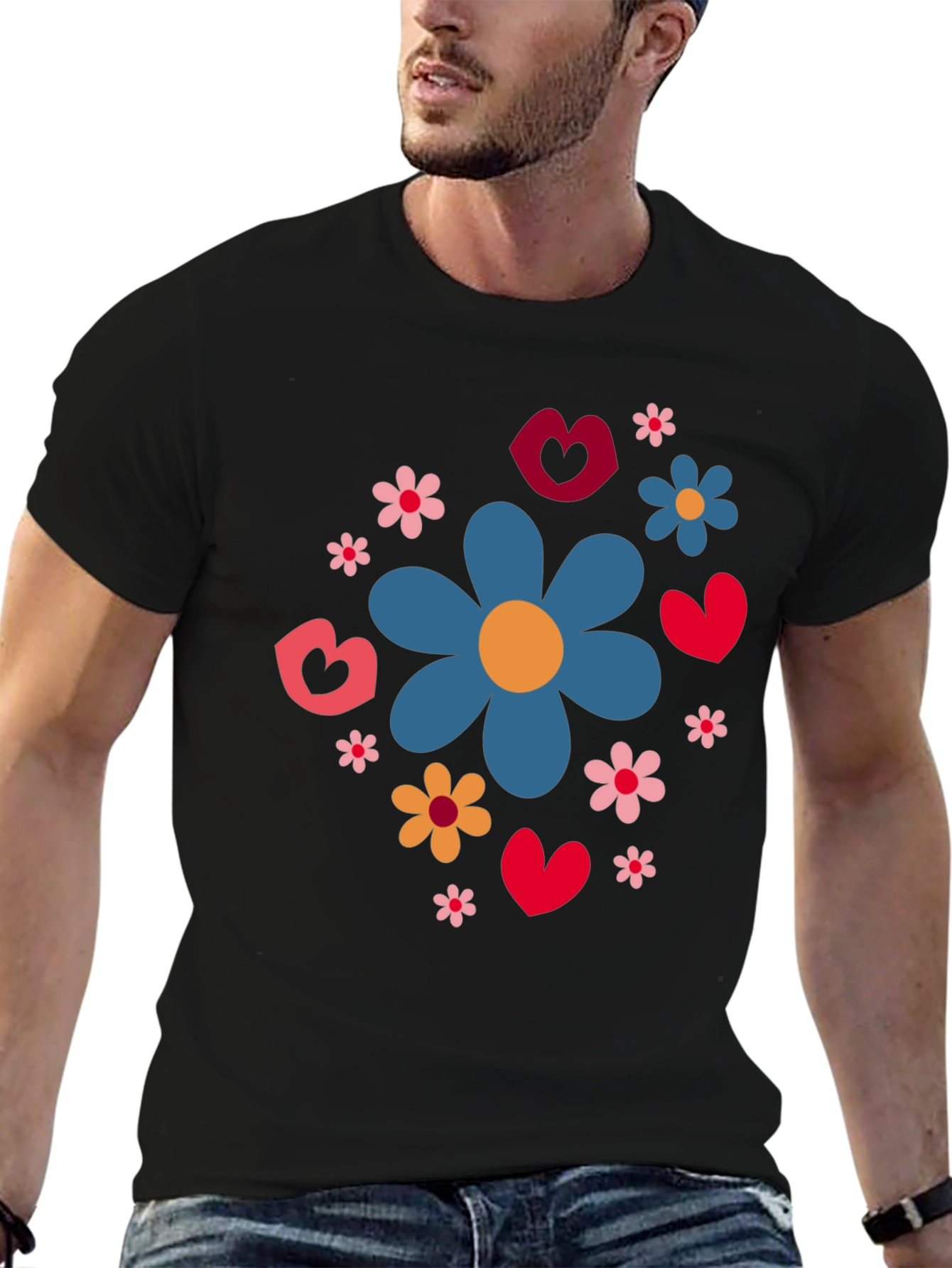 Floral Heart Pattern Black T-Shirt