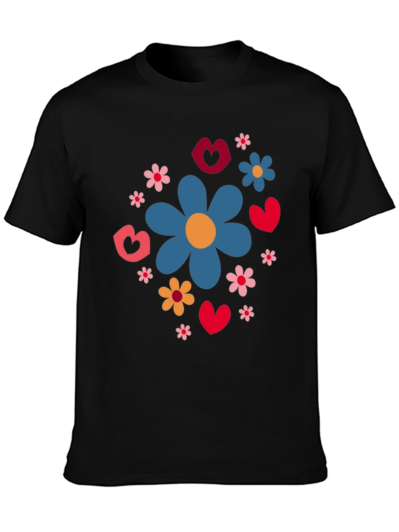 Floral Heart Pattern Black T-Shirt