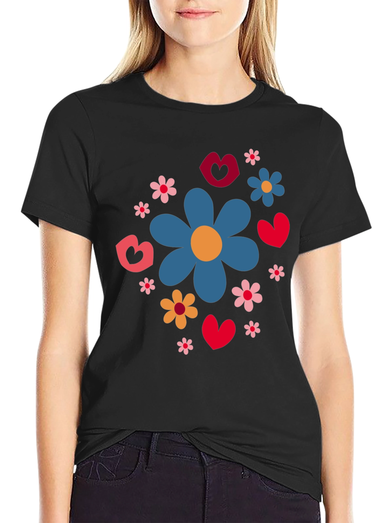 Floral Heart Pattern Black T-Shirt