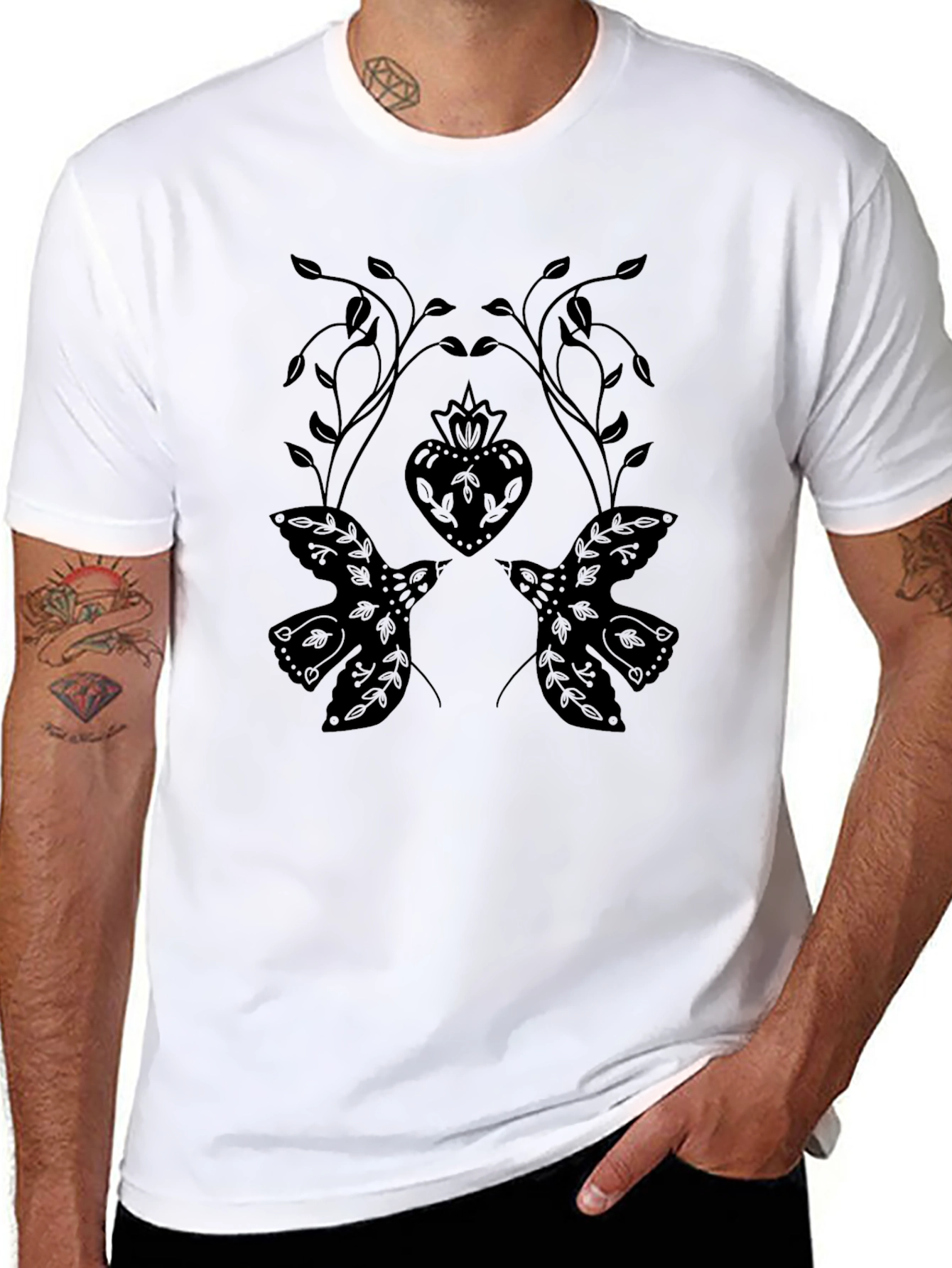 Black T-Shirt with Dove and Heart Graphic