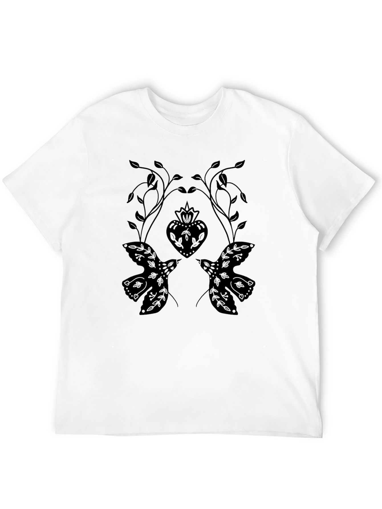 Black T-Shirt with Dove and Heart Graphic