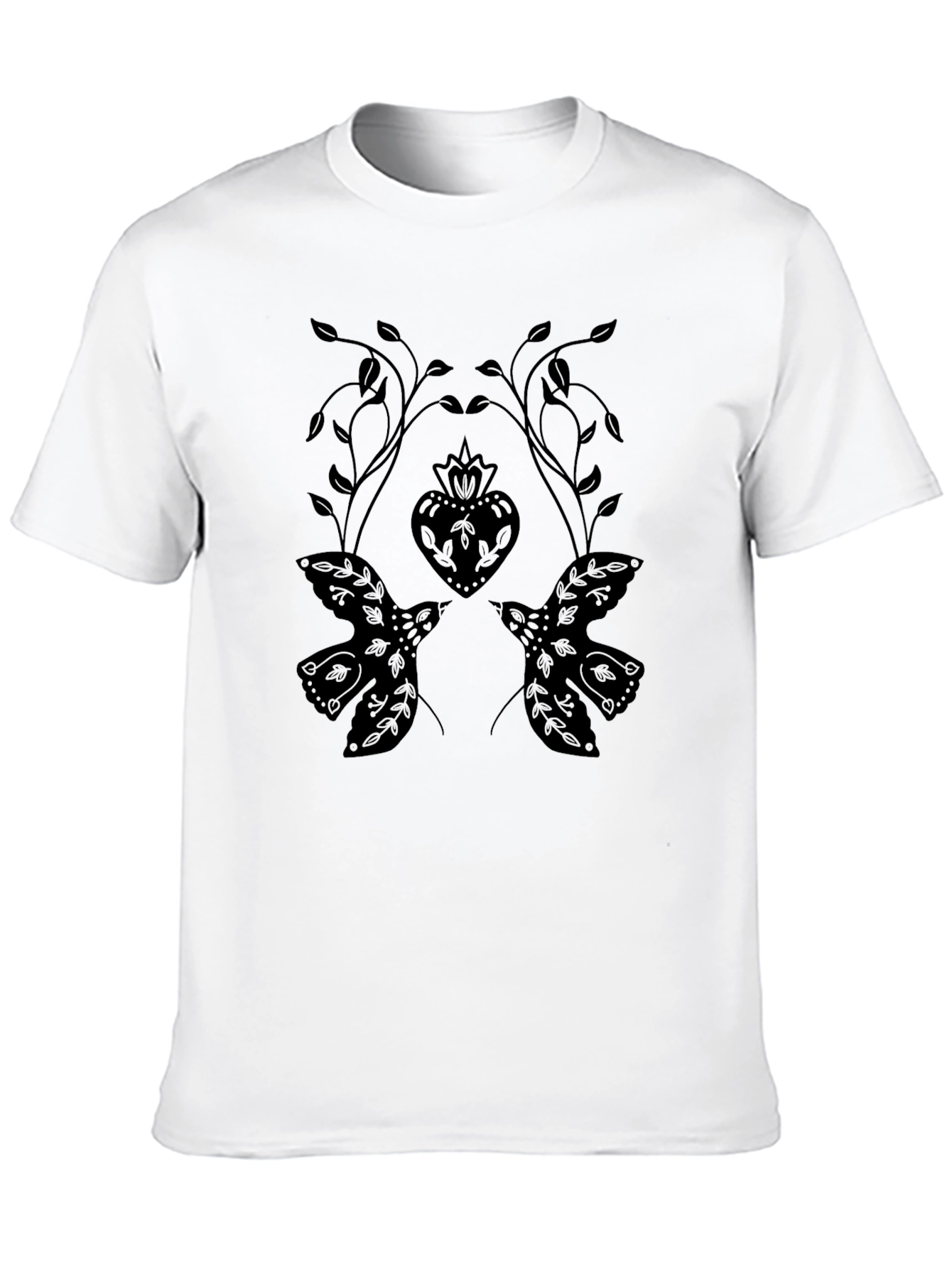 Black T-Shirt with Dove and Heart Graphic