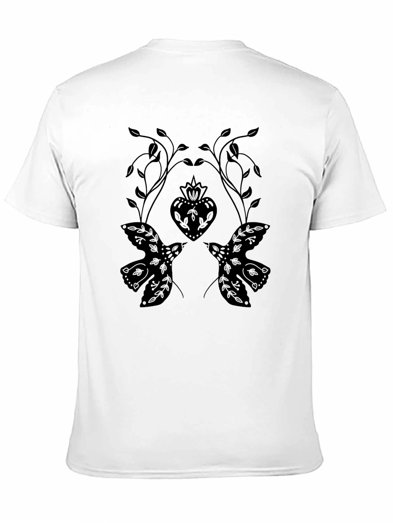 Black T-Shirt with Dove and Heart Graphic