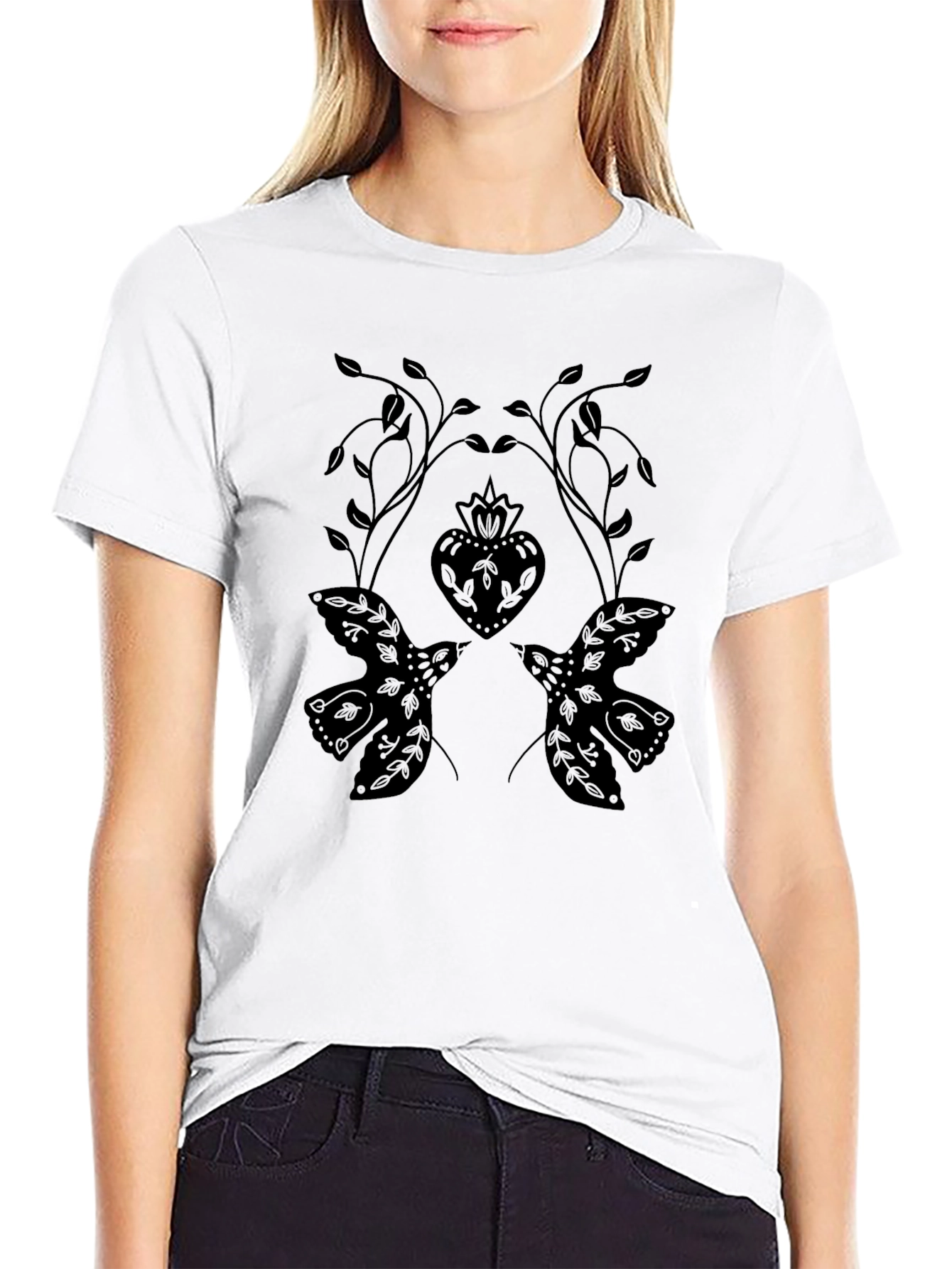 Black T-Shirt with Dove and Heart Graphic