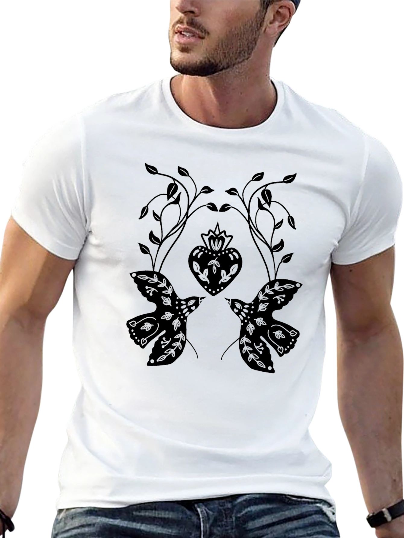 Black T-Shirt with Dove and Heart Graphic