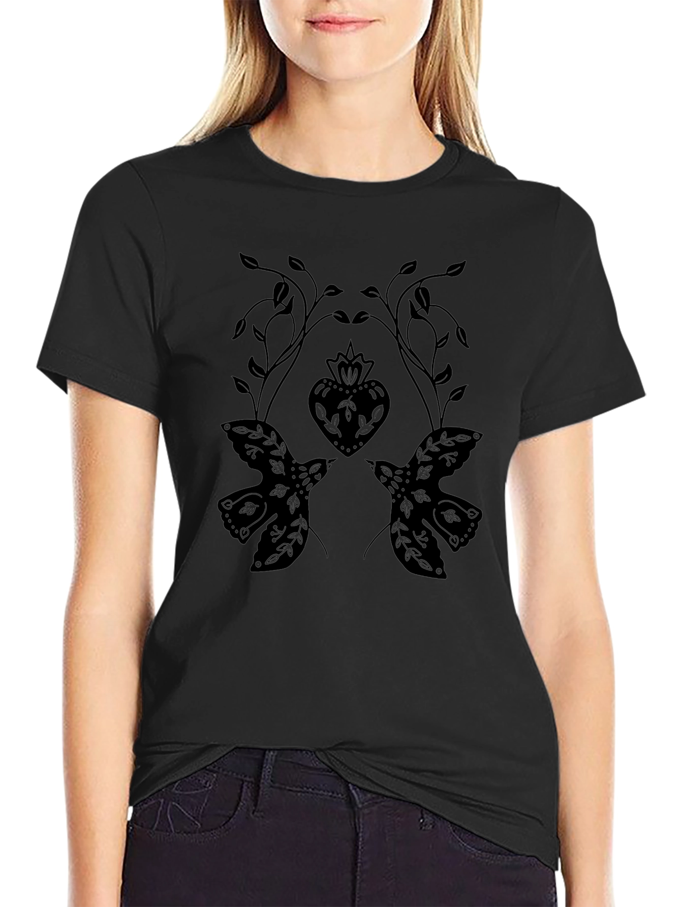 Black T-Shirt with Dove and Heart Graphic