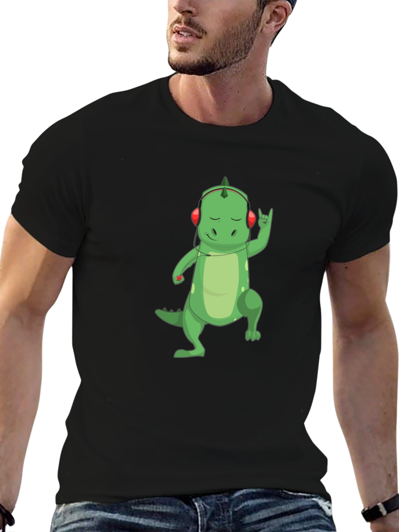 Dino Rocker T-Shirt - Cool Cartoon Dinosaur with Headphones
