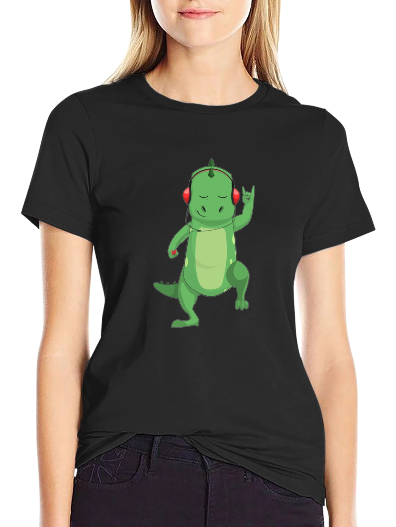 Dino Rocker T-Shirt - Cool Cartoon Dinosaur with Headphones