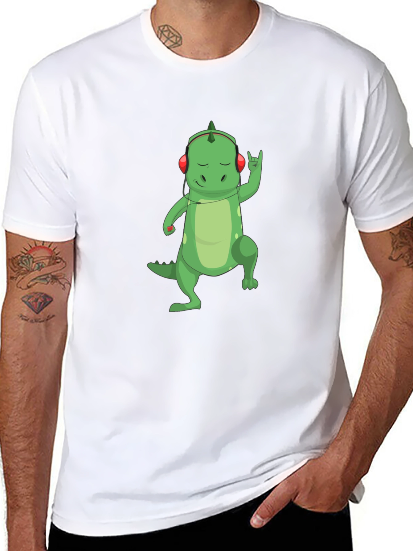 Dino Rocker T-Shirt - Cool Cartoon Dinosaur with Headphones