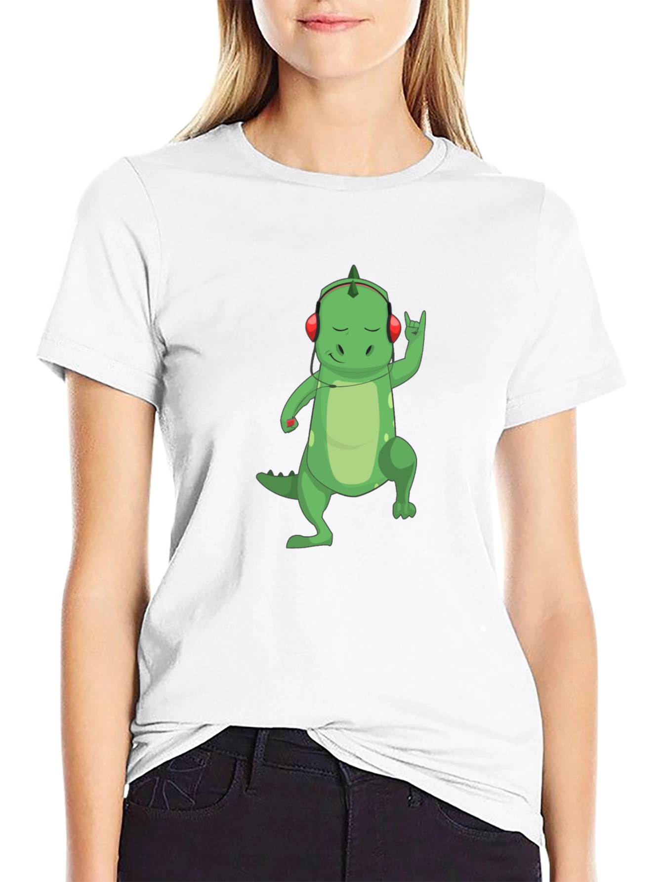Dino Rocker T-Shirt - Cool Cartoon Dinosaur with Headphones