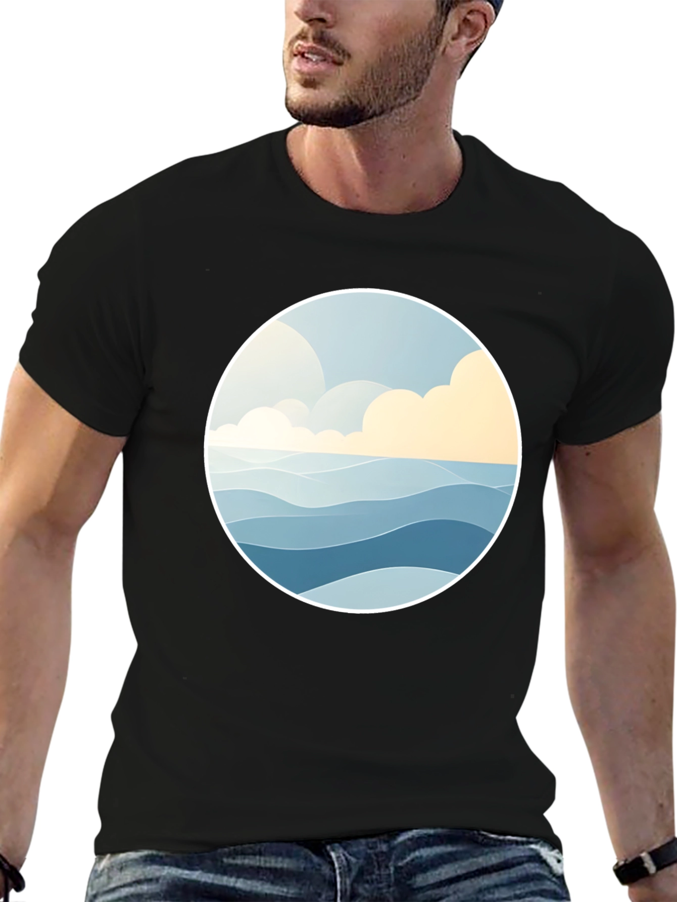 Ocean Wave Graphic Tee - Stylish Black Cotton T-Shirt