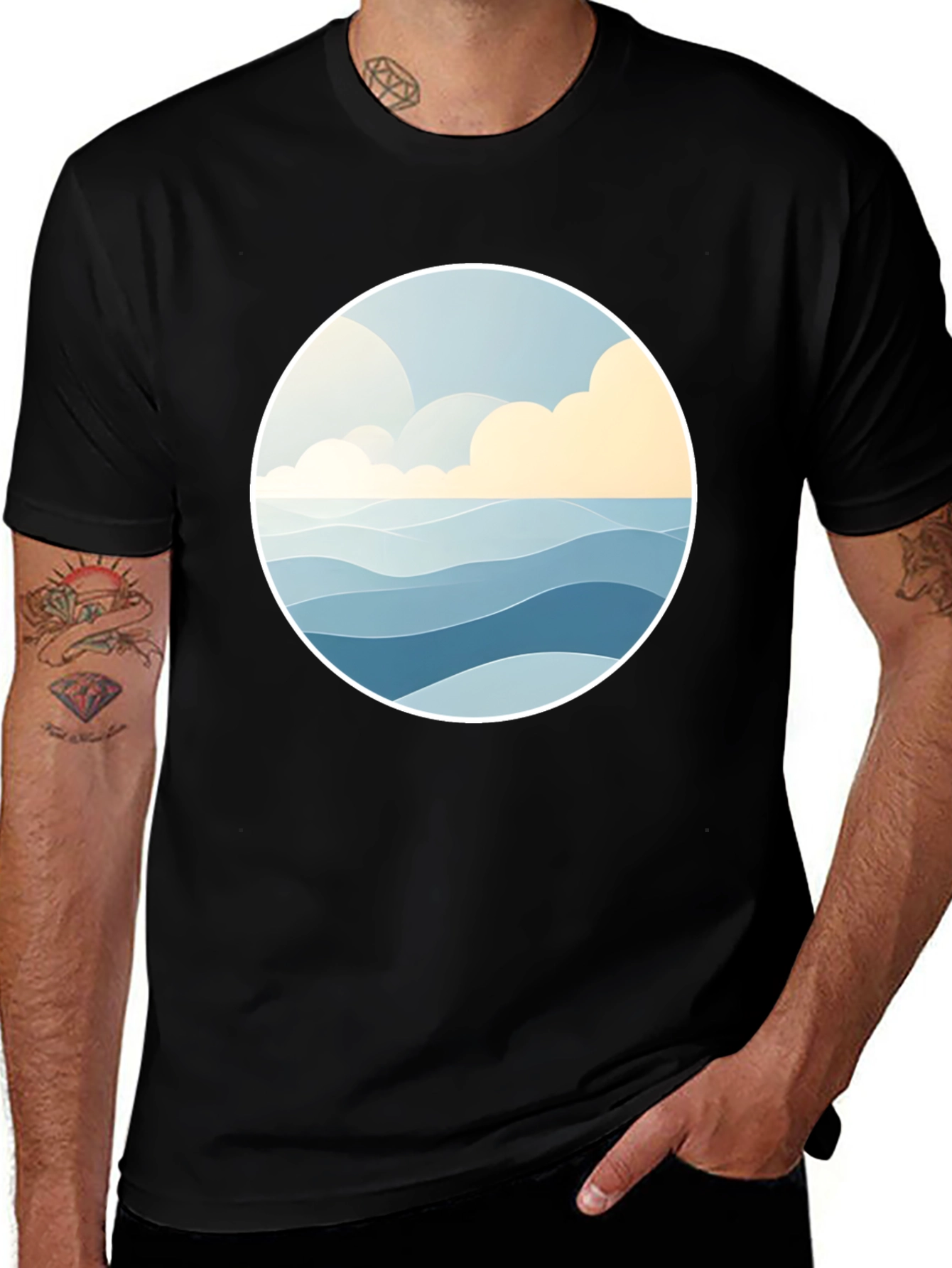 Ocean Wave Graphic Tee - Stylish Black Cotton T-Shirt