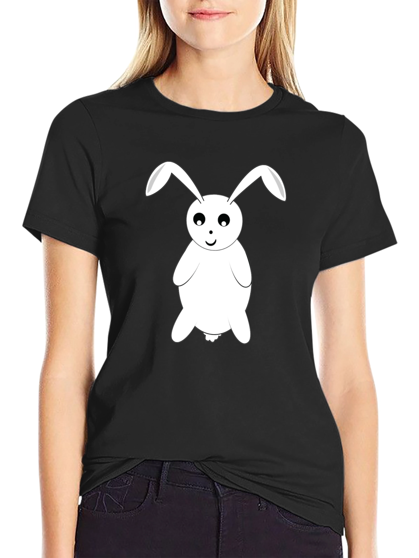 Cartoon Bunny Graphic Tee - Black Cotton T-Shirt