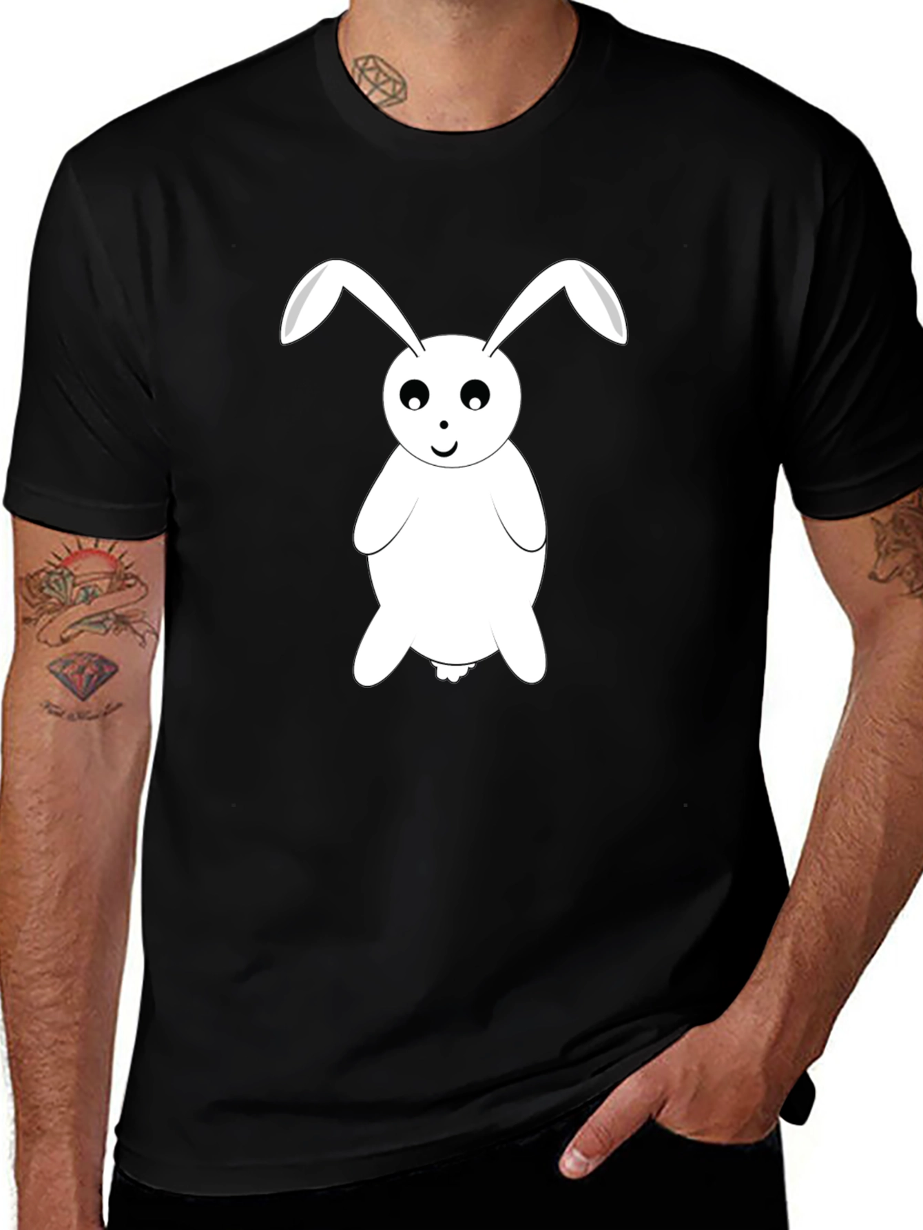 Cartoon Bunny Graphic Tee - Black Cotton T-Shirt