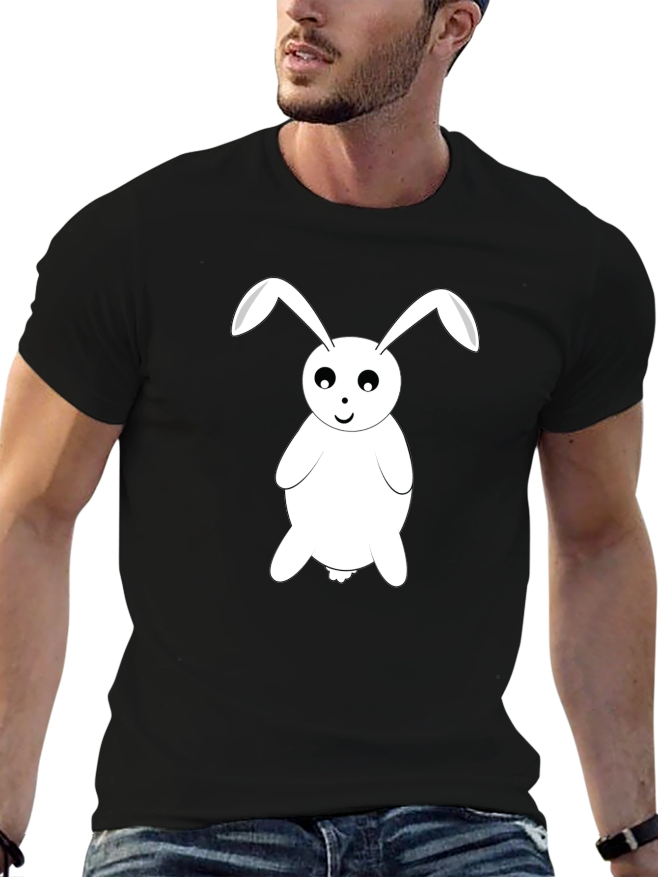 Cartoon Bunny Graphic Tee - Black Cotton T-Shirt