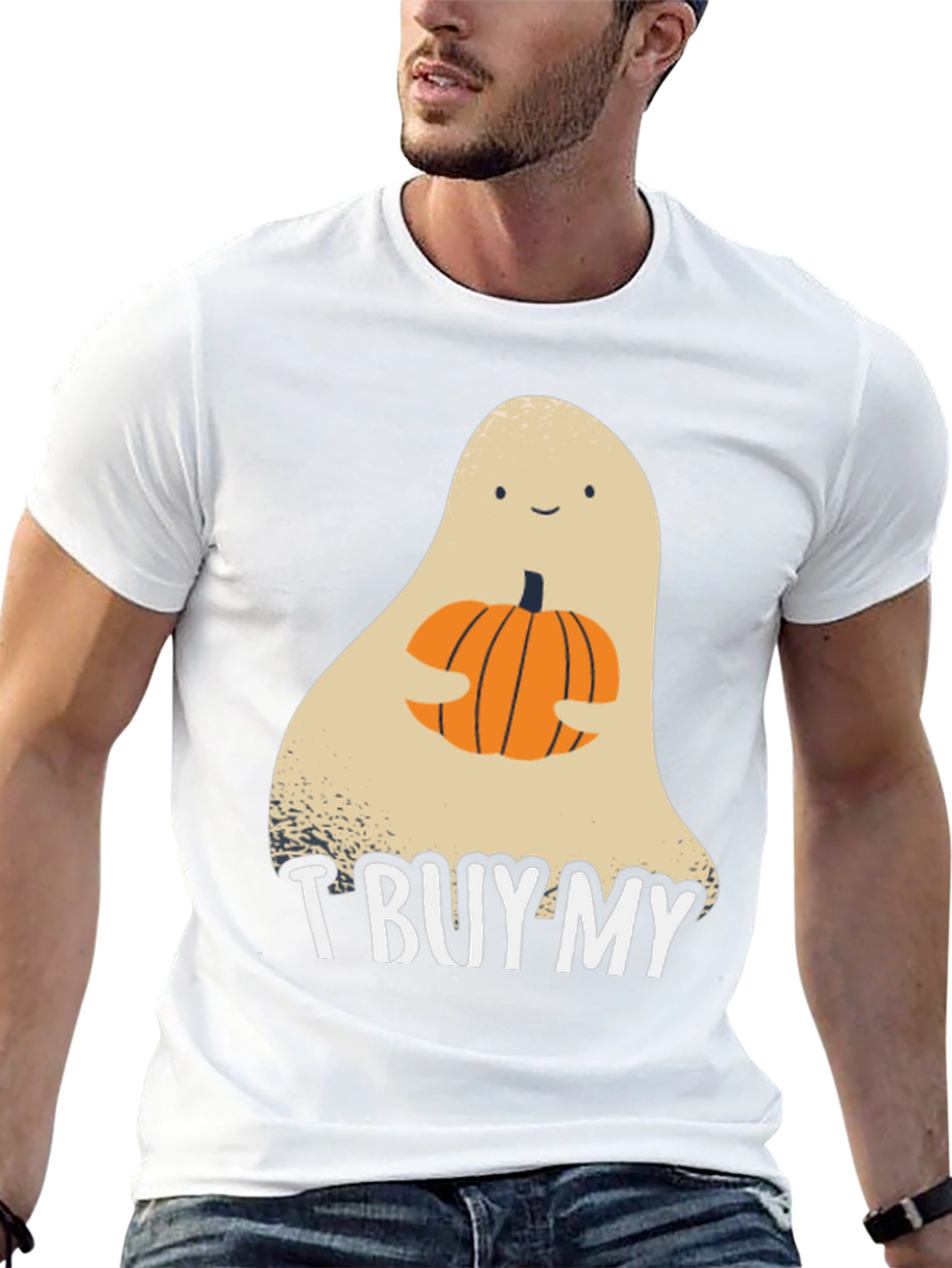Halloween Ghost Holding Pumpkin Graphic Tee
