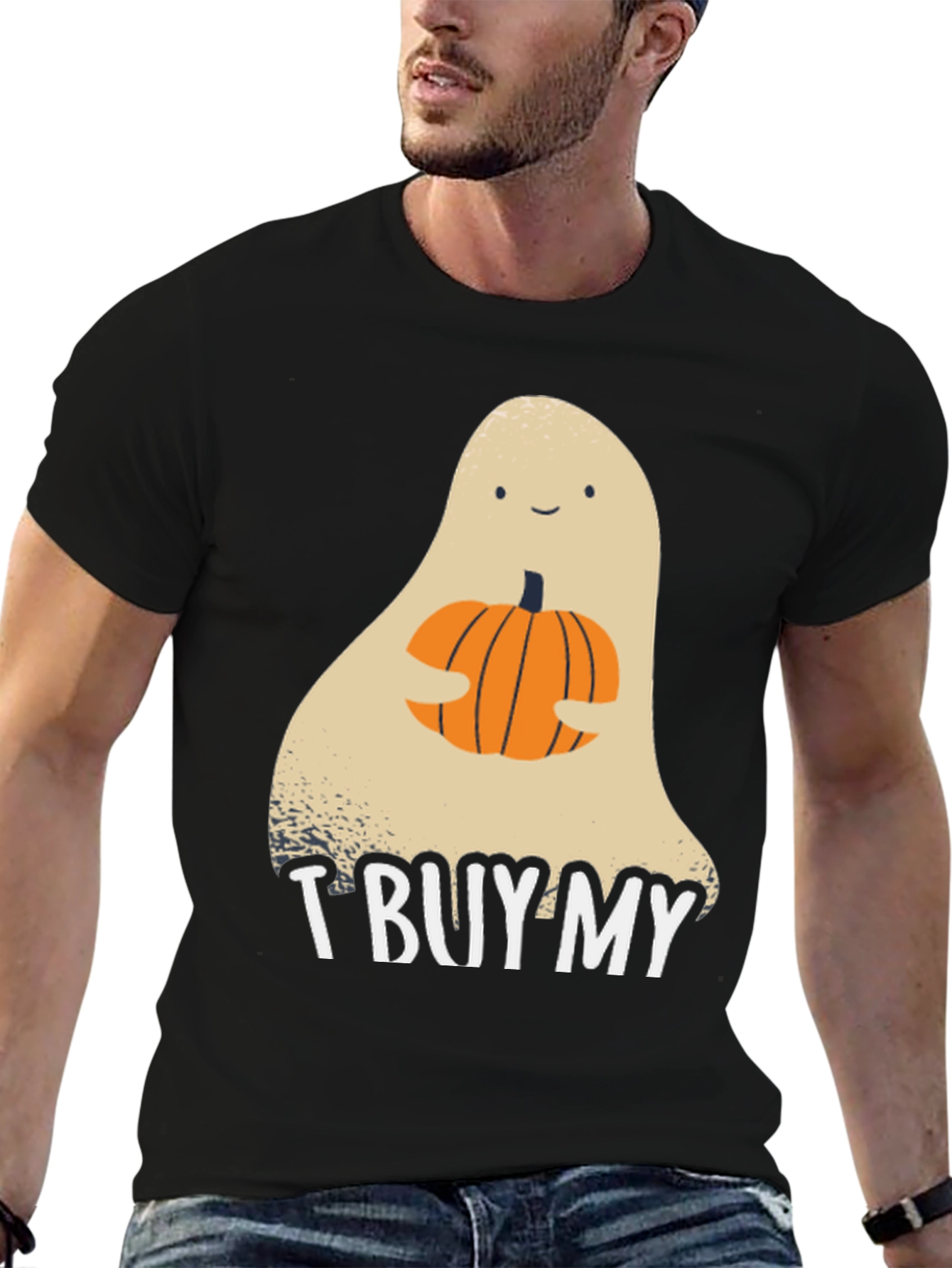 Halloween Ghost Holding Pumpkin Graphic Tee