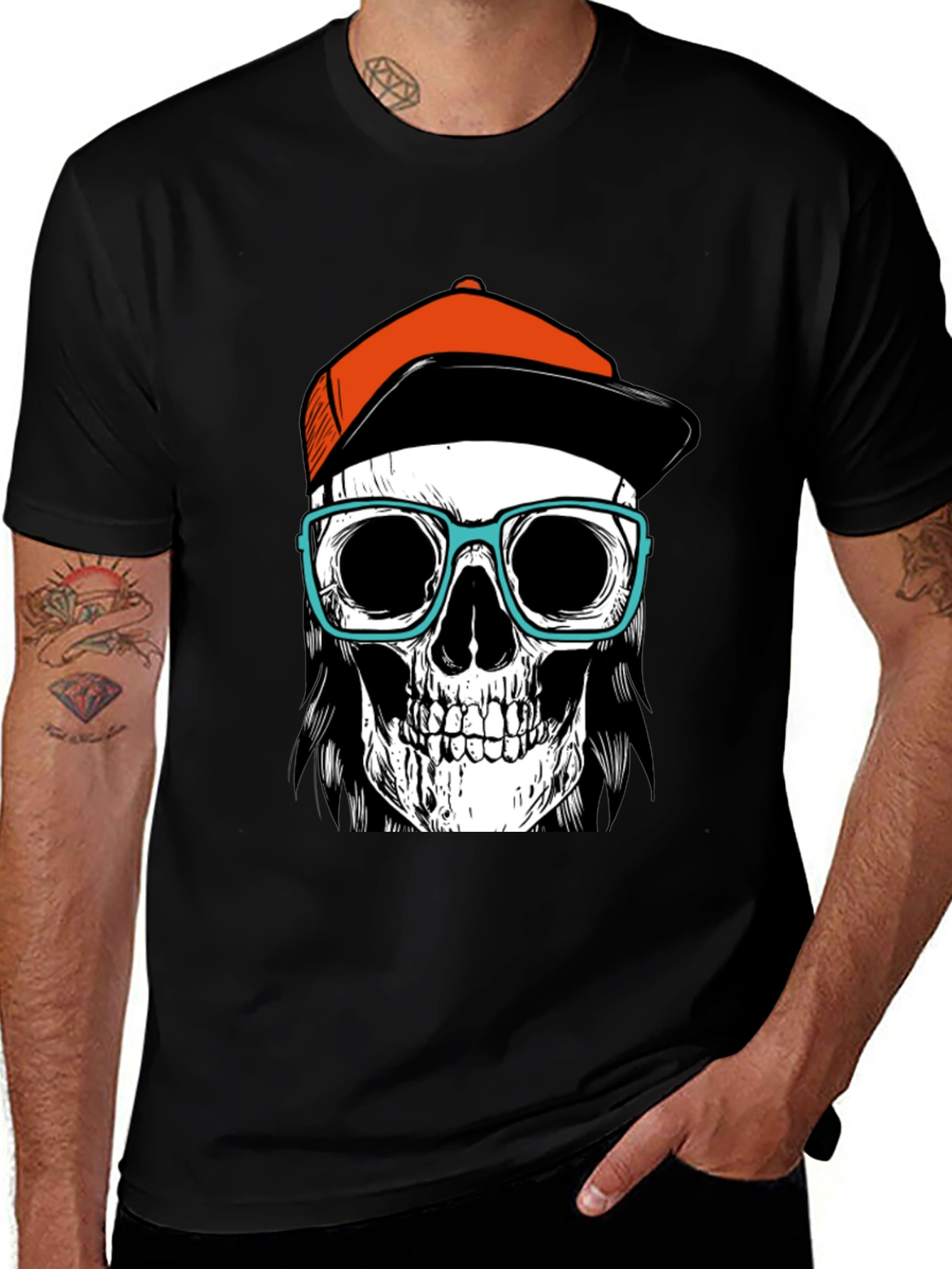 Skull with Hat & Glasses Graphic Tee