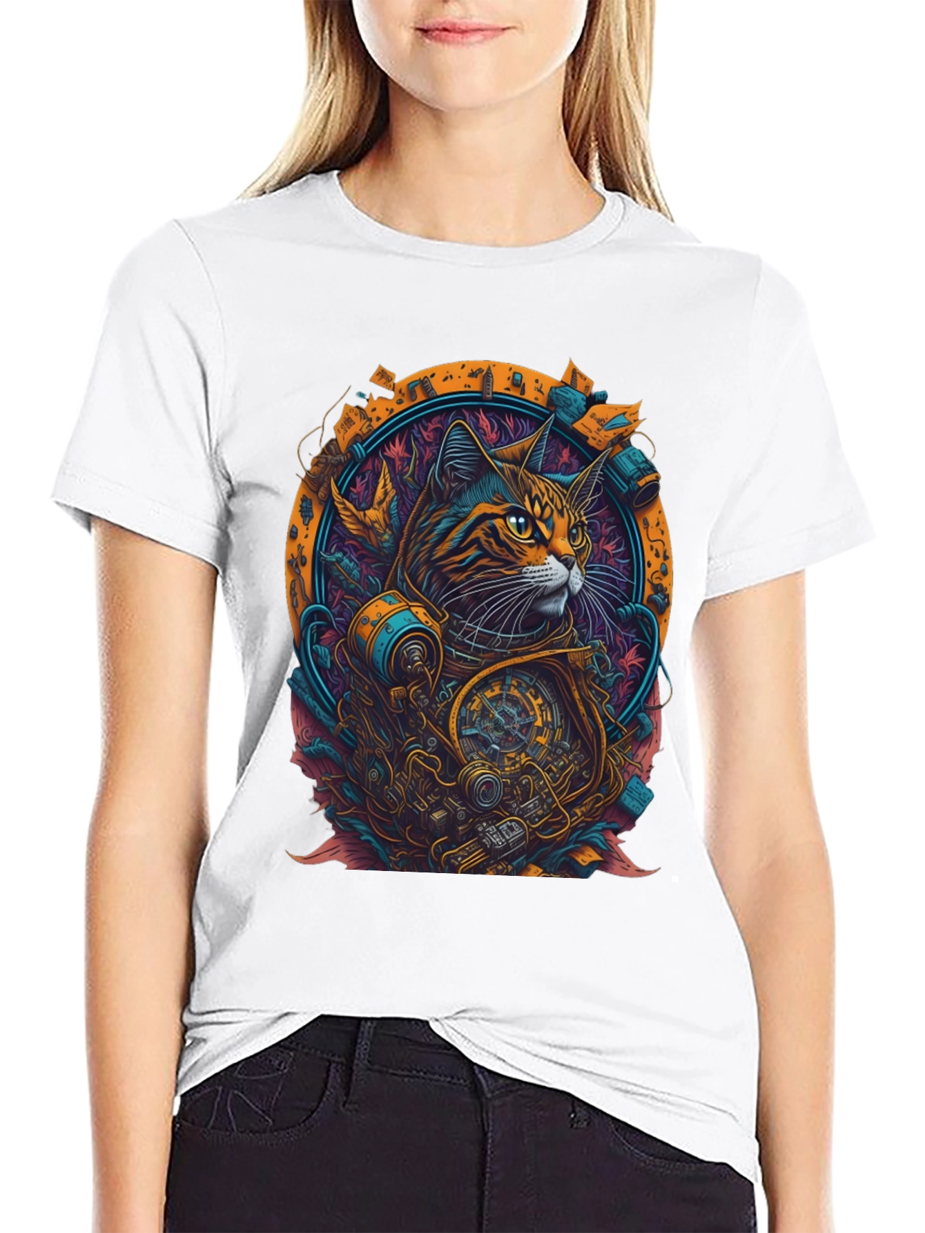 Steampunk Cat Graphic Tee - Unique Art Design