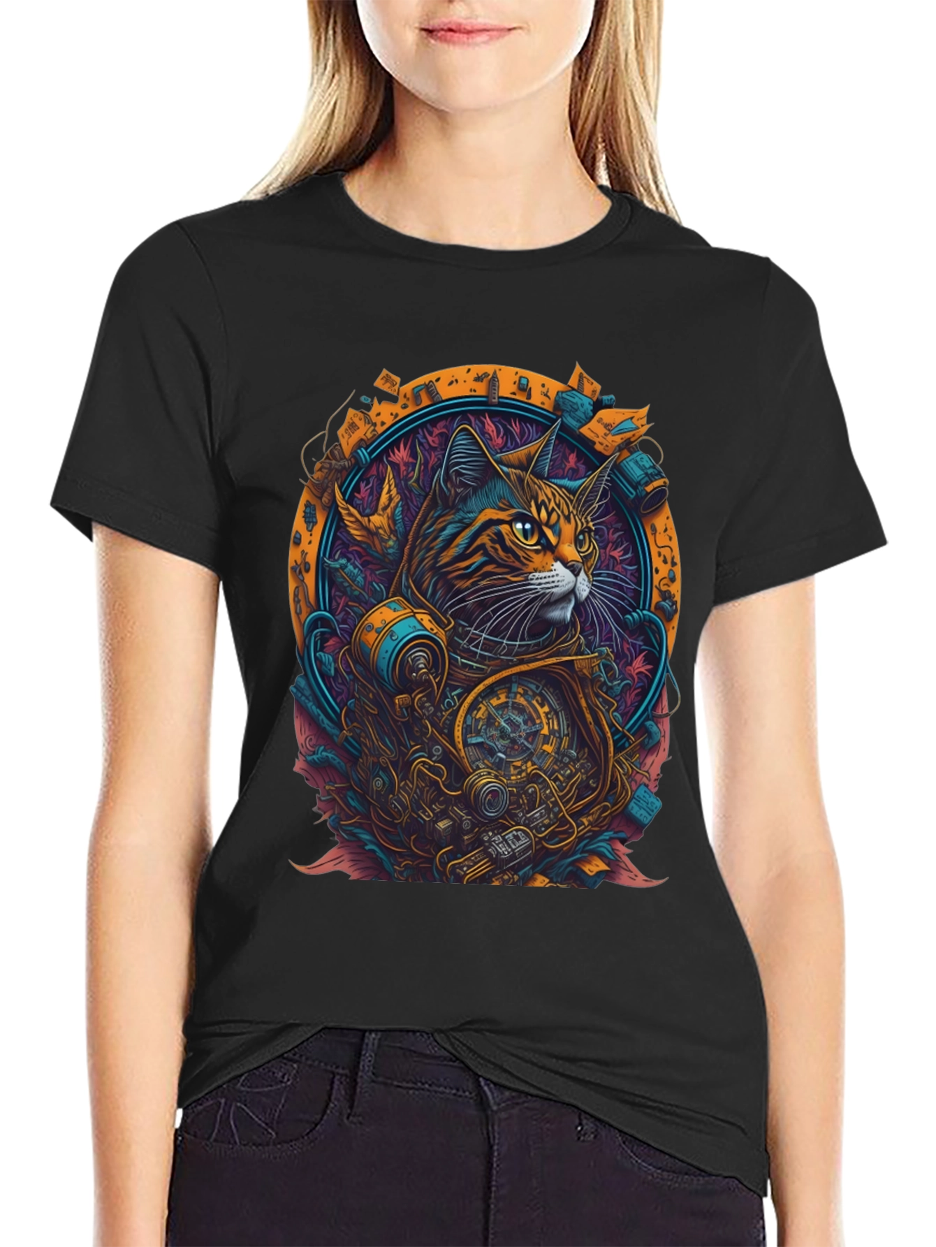 Steampunk Cat Graphic Tee - Unique Art Design