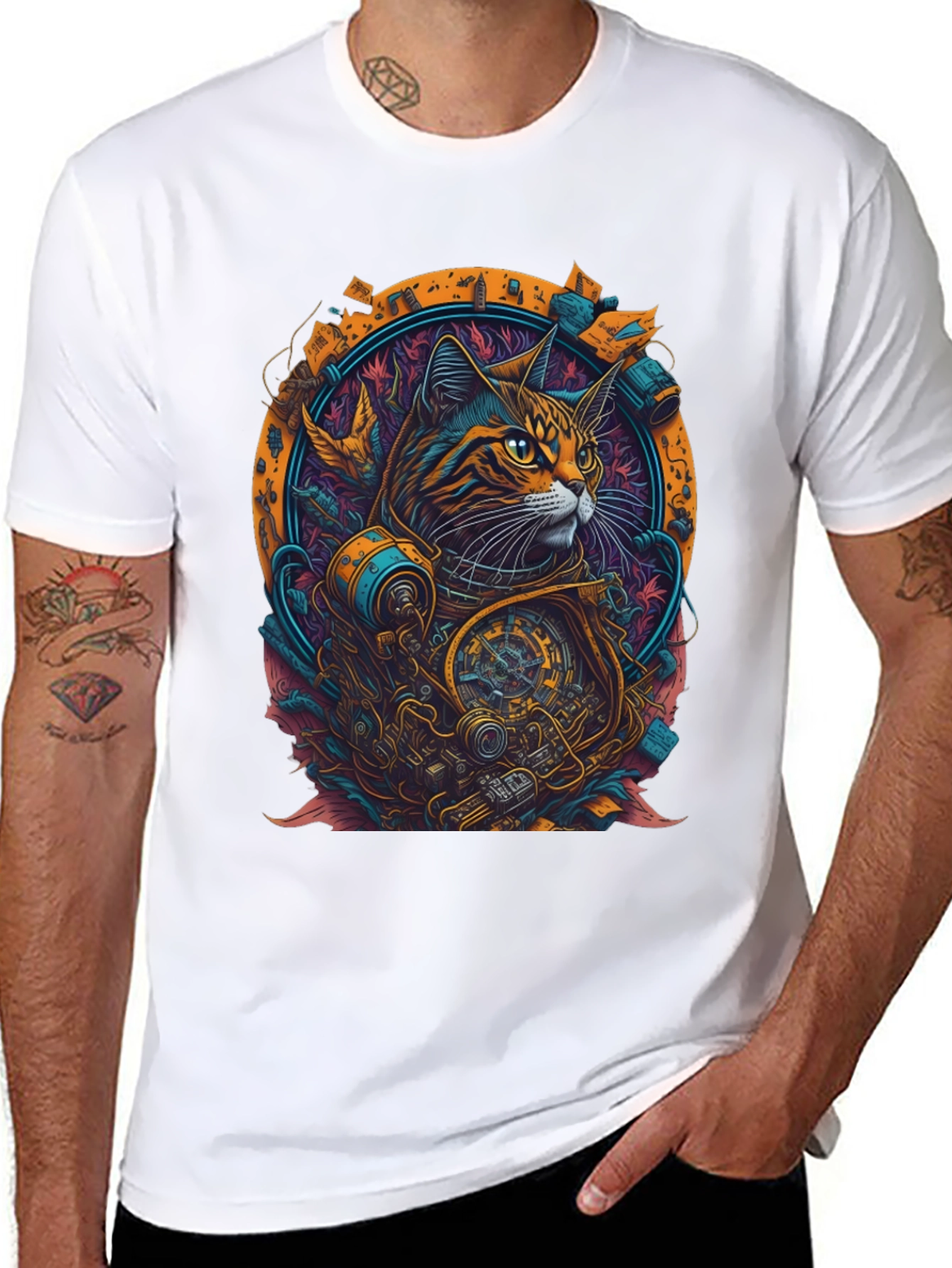 Steampunk Cat Graphic Tee - Unique Art Design