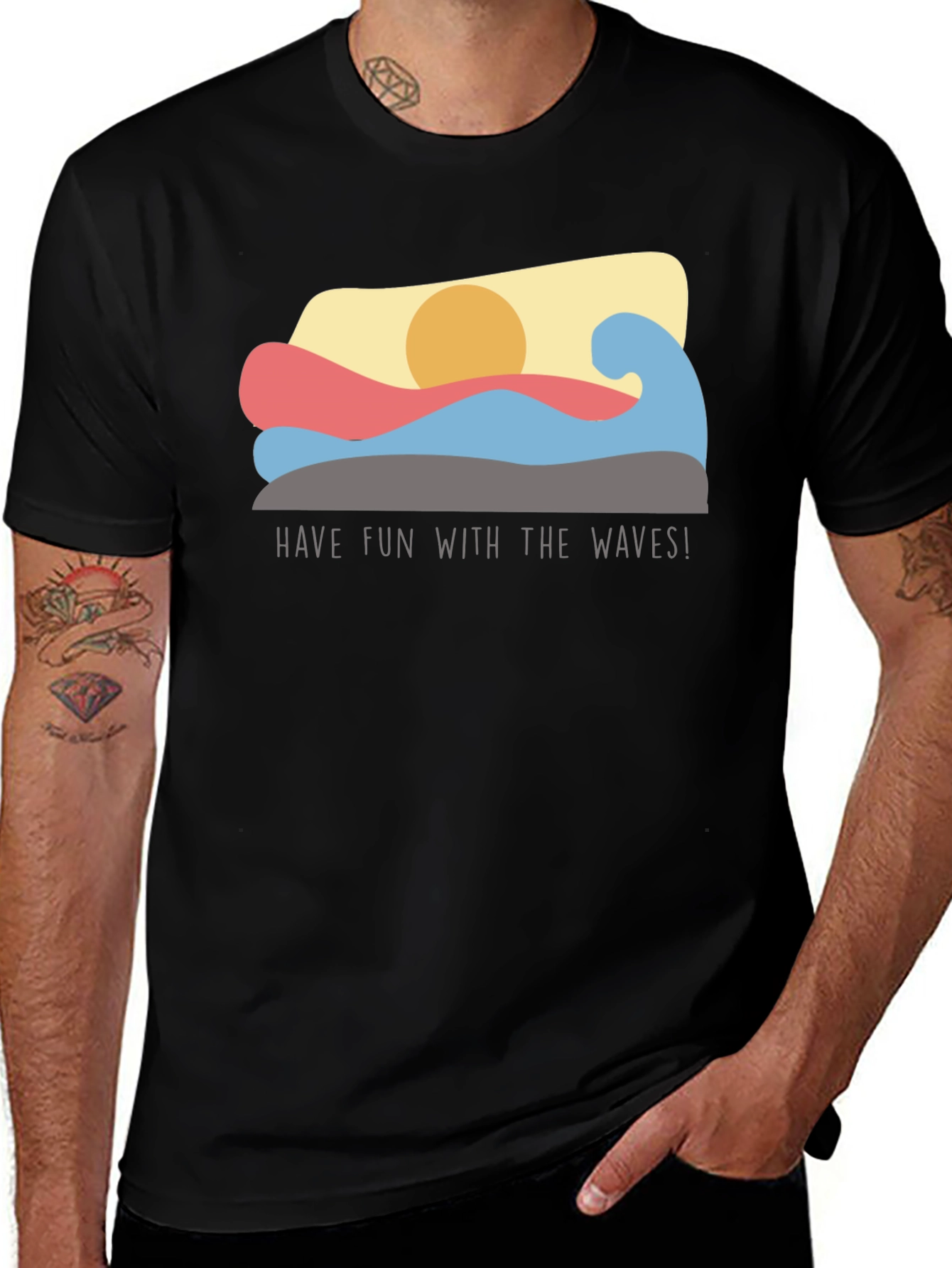 Fun Waves Graphic Tee - Black Cotton T-Shirt