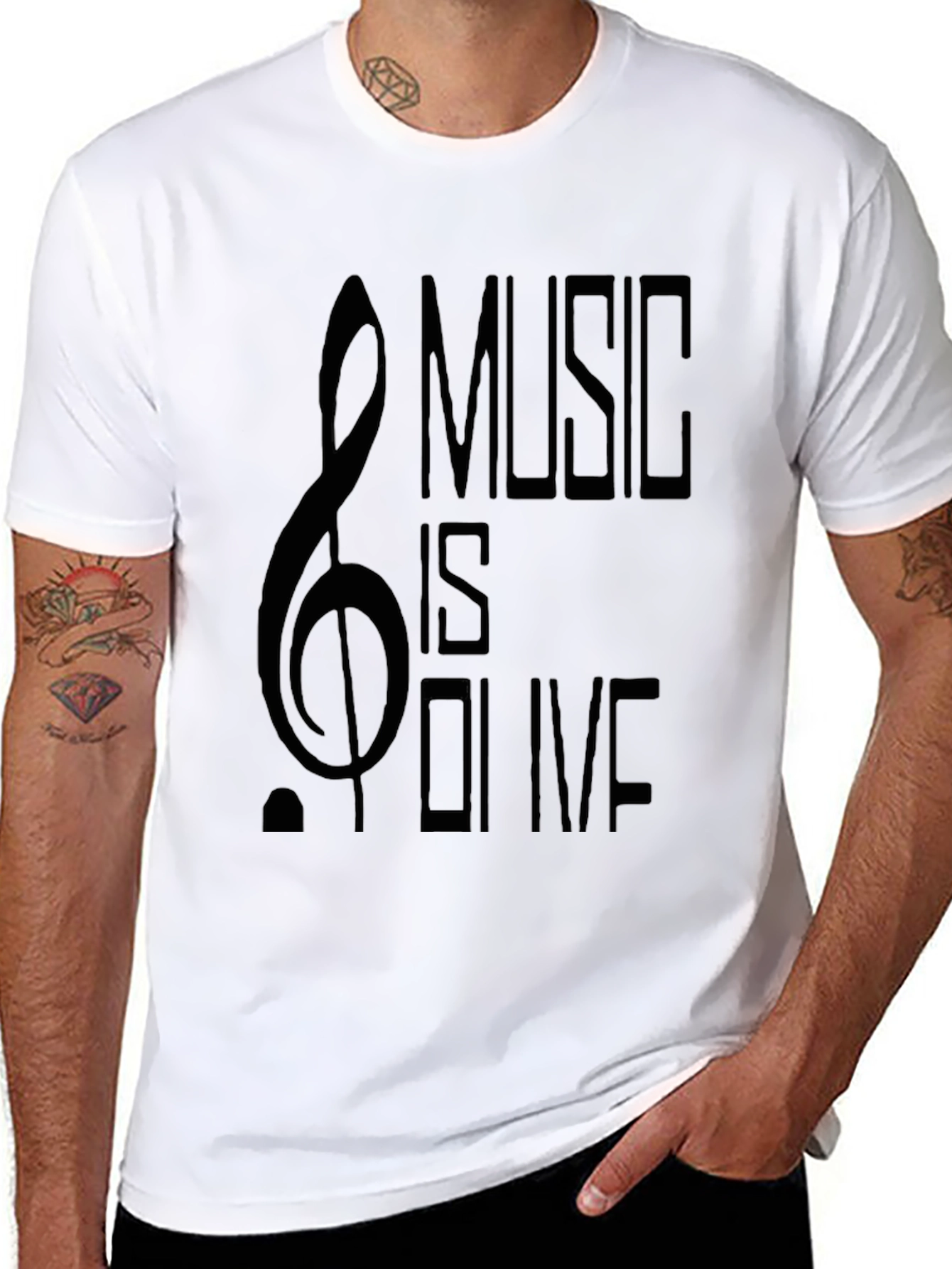 Music Is Olive Mens Black Graphic Tee