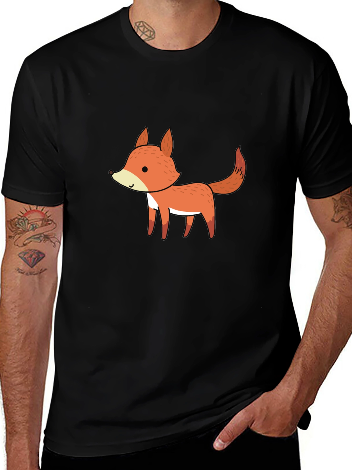 Cute Cartoon Fox Black T-Shirt for Men
