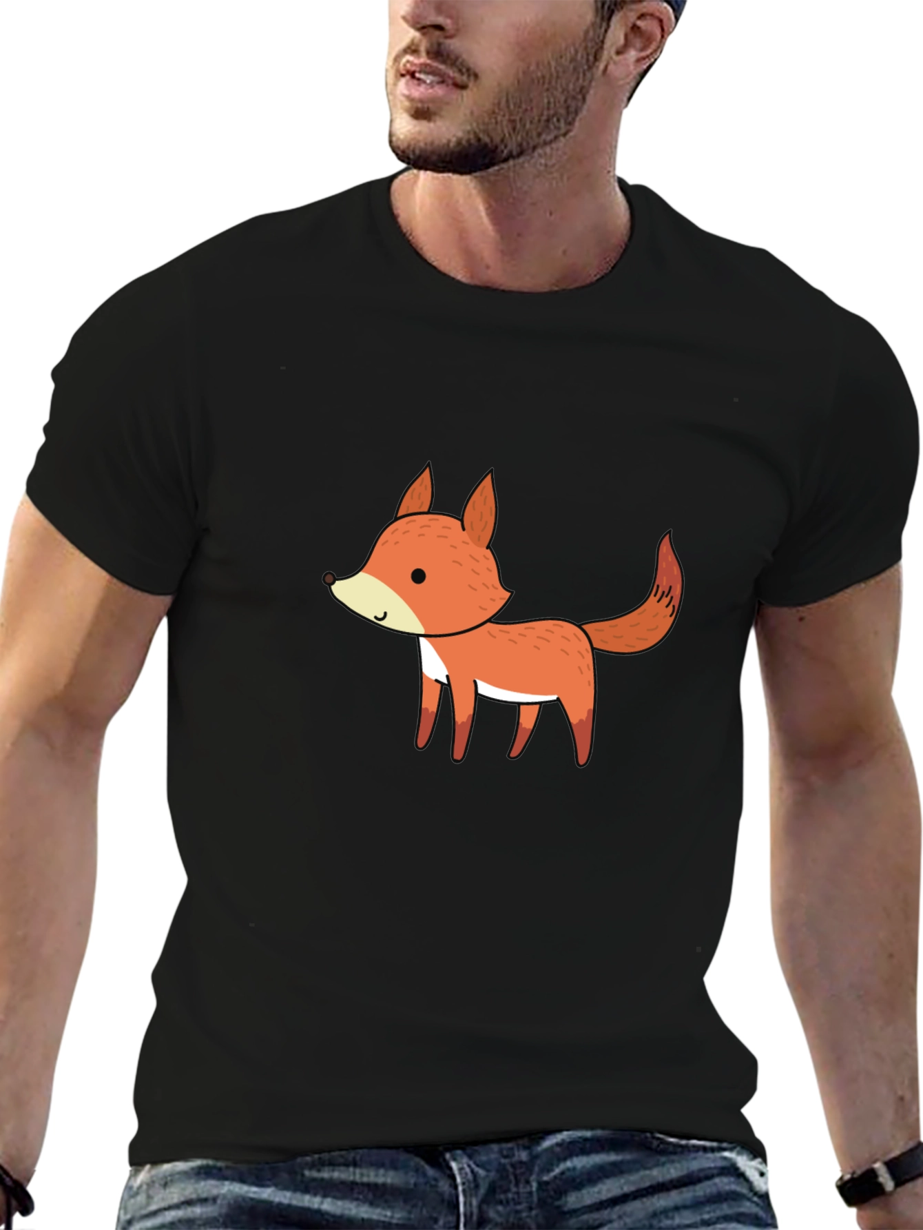Cute Cartoon Fox Black T-Shirt for Men