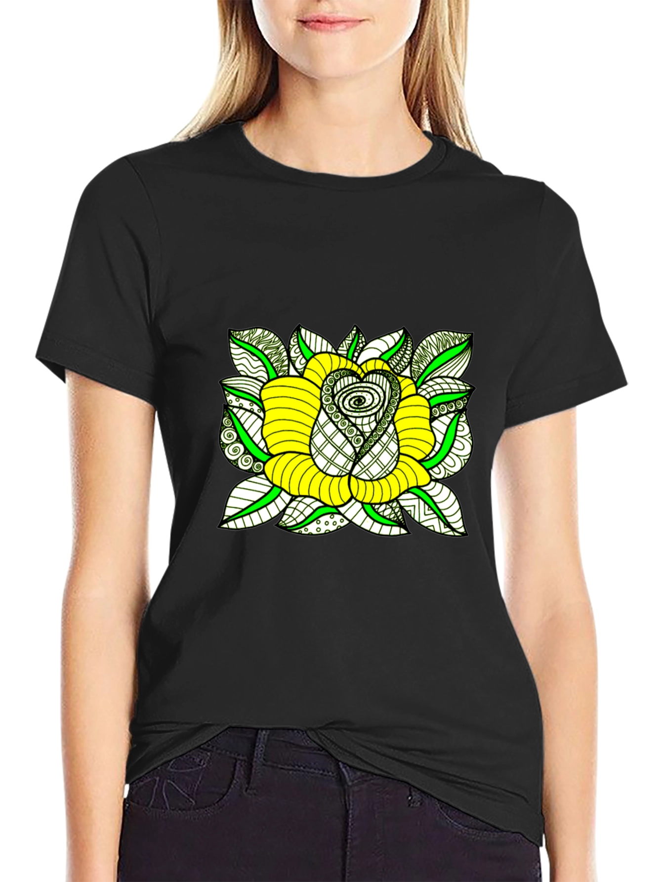 Black T-Shirt with Yellow Rose Graphic