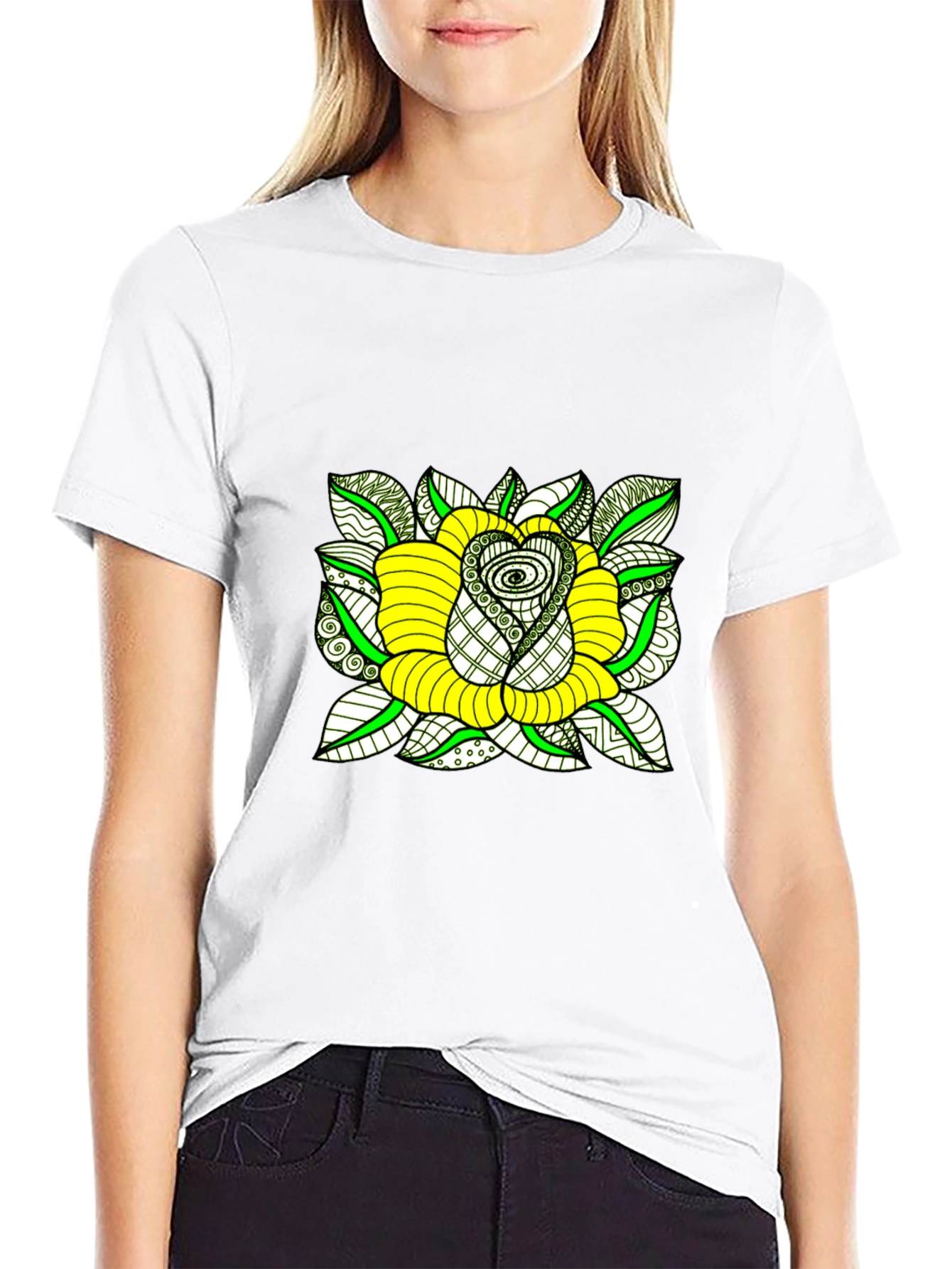 Black T-Shirt with Yellow Rose Graphic