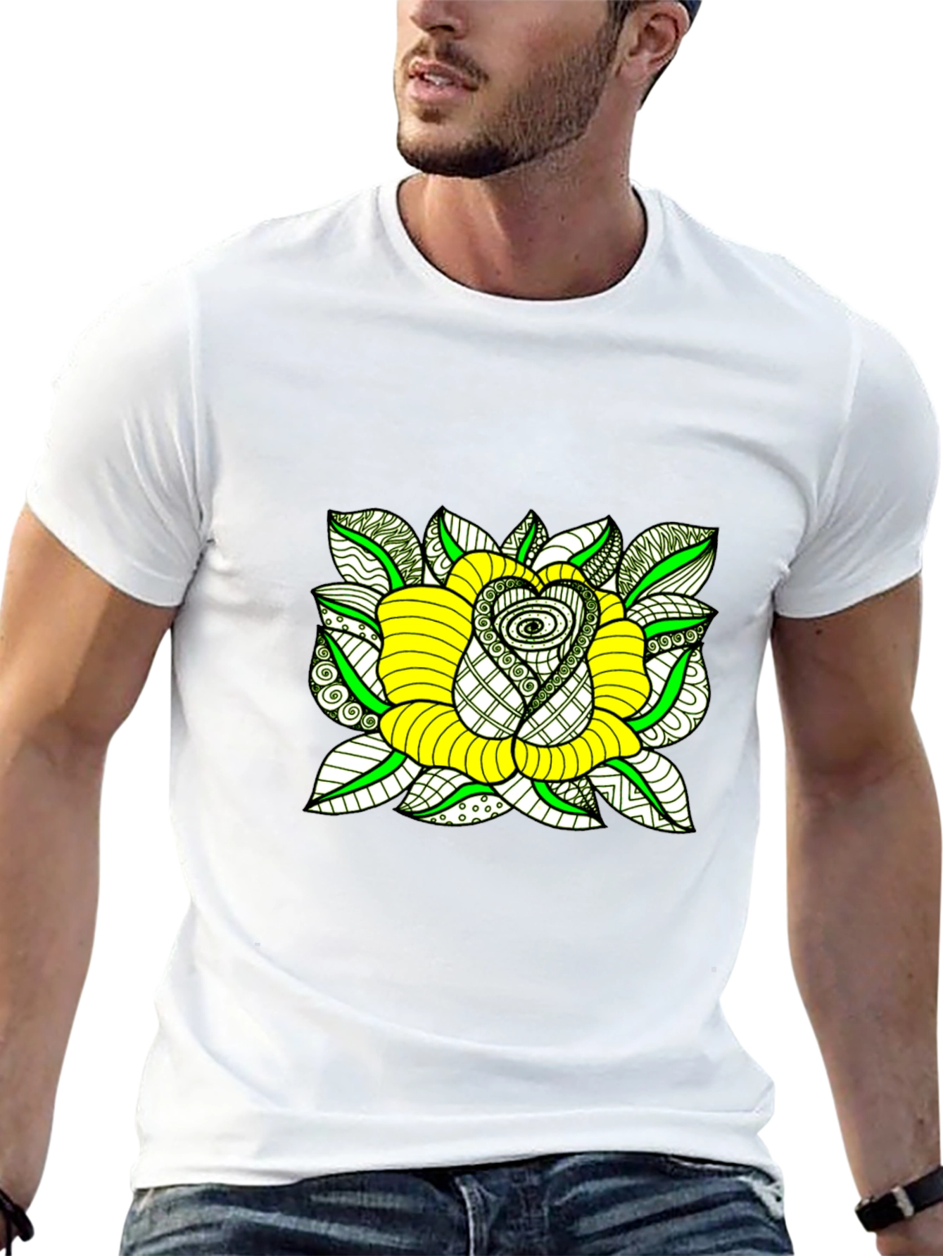 Black T-Shirt with Yellow Rose Graphic