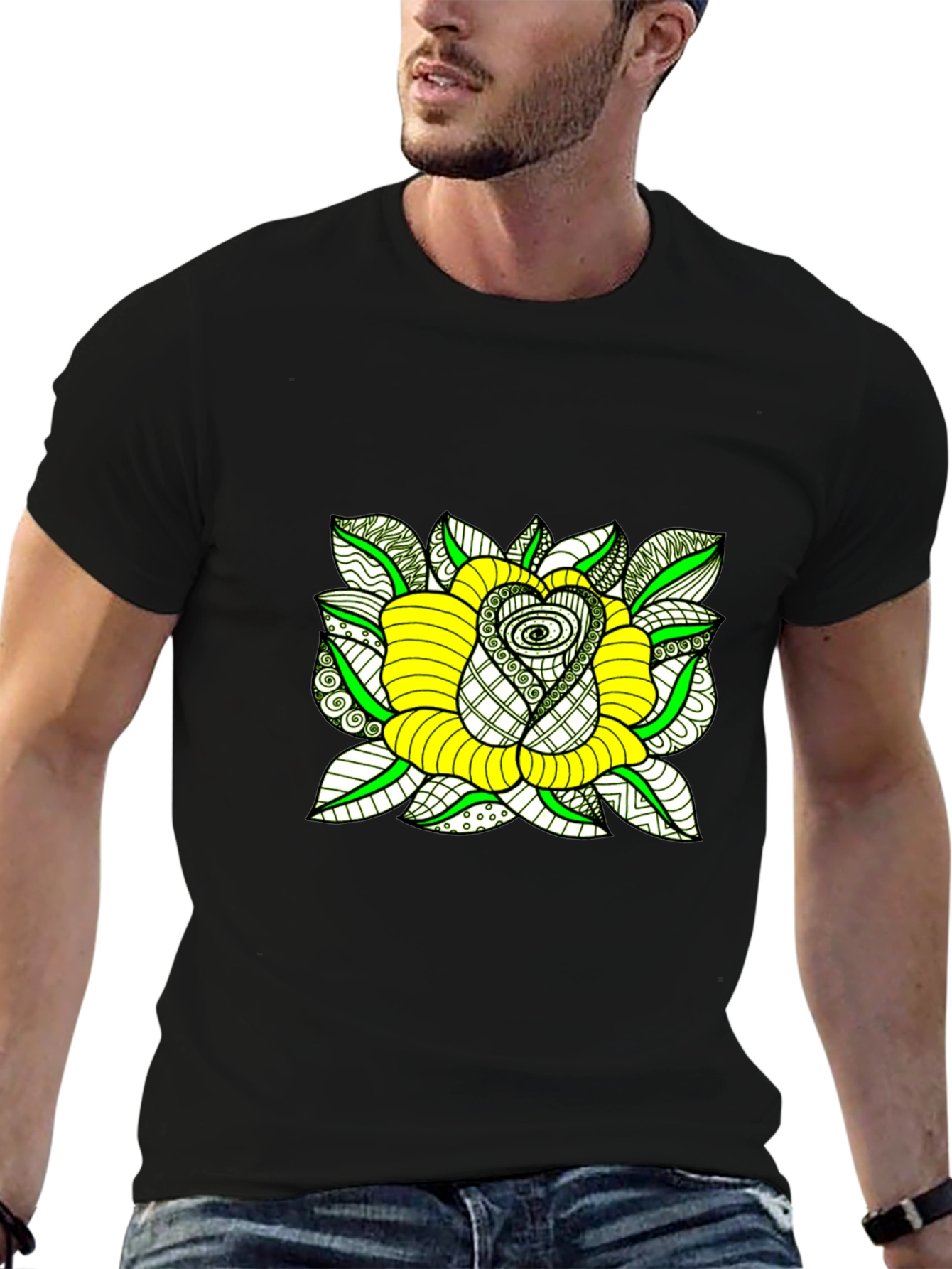 Black T-Shirt with Yellow Rose Graphic