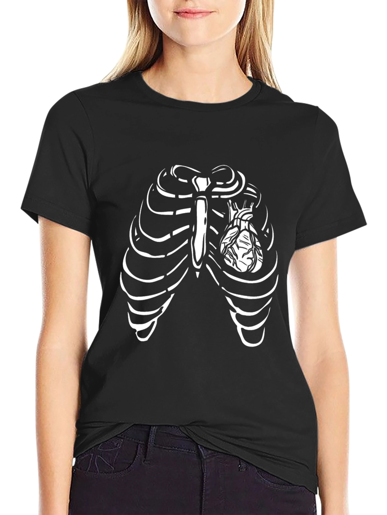 Rib Cage Heart Graphic Tee - Black Casual T-Shirt