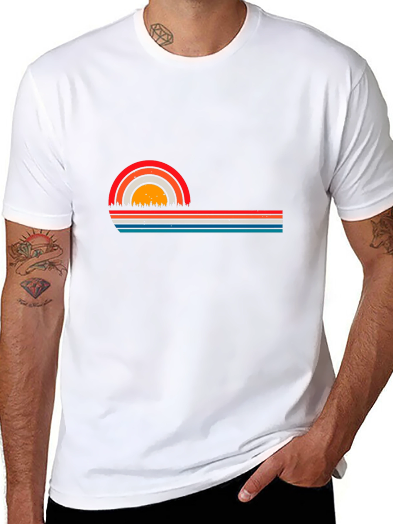 Retro Sunset Striped Graphic Tee - Black T-Shirt