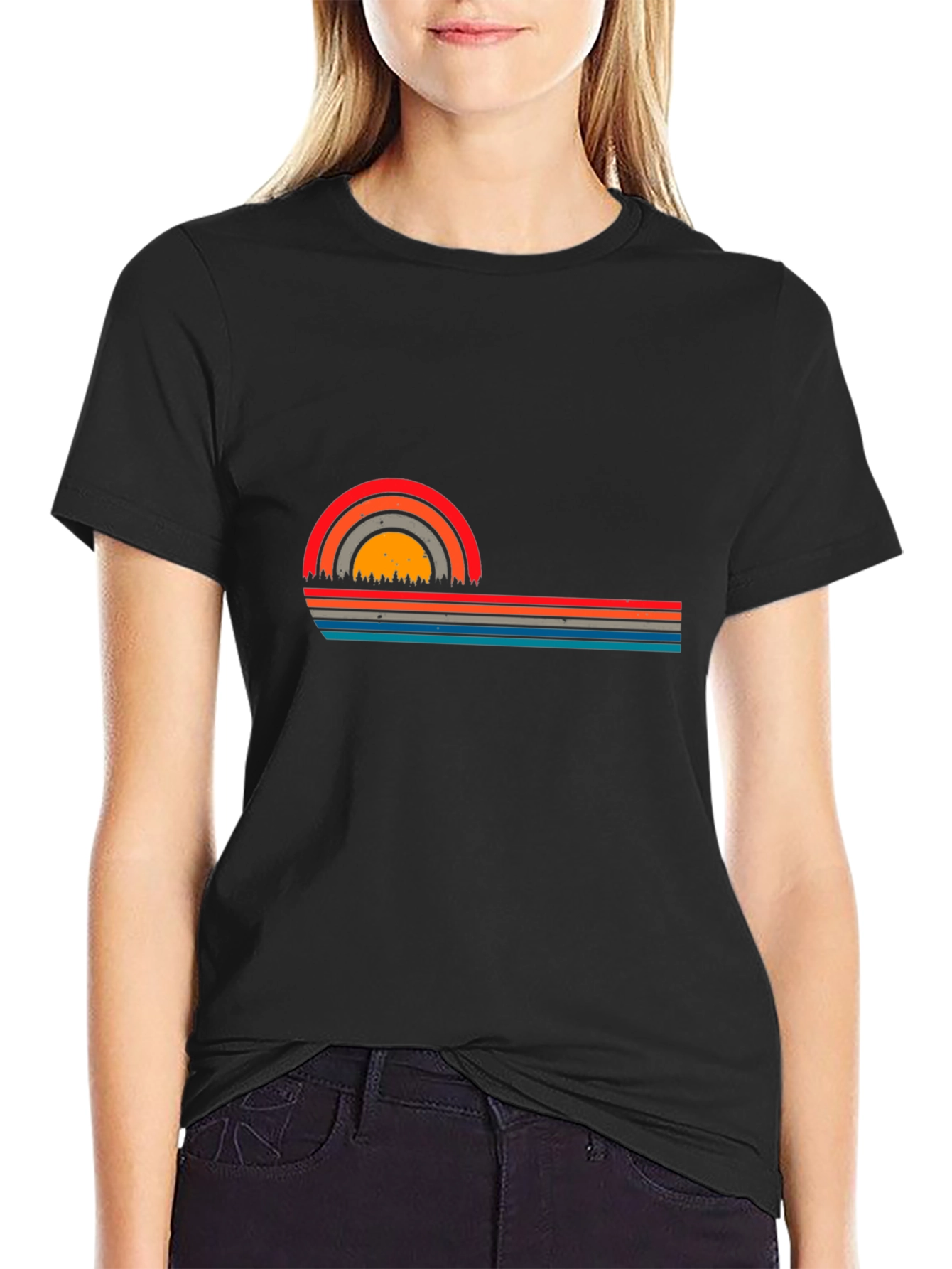 Retro Sunset Striped Graphic Tee - Black T-Shirt