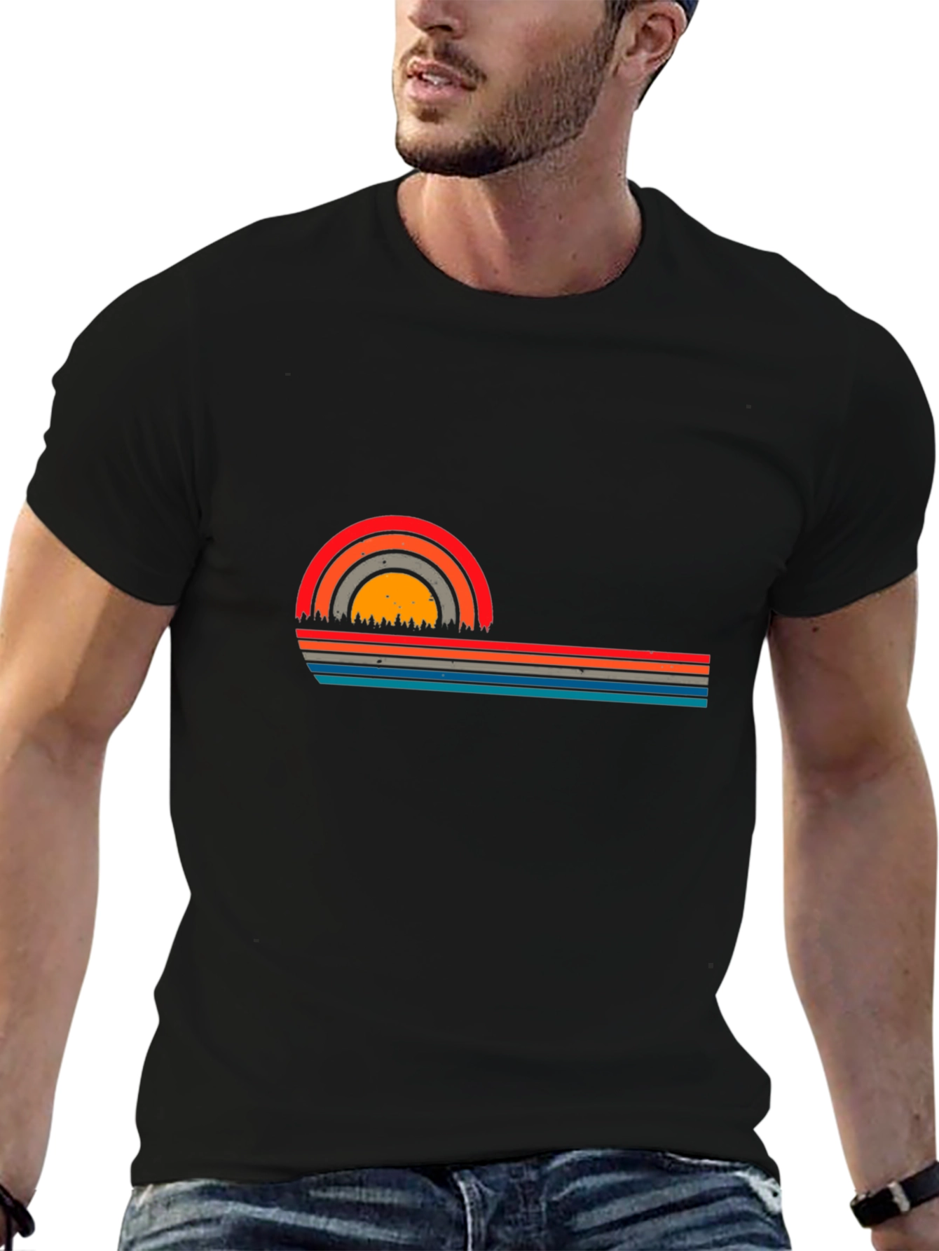 Retro Sunset Striped Graphic Tee - Black T-Shirt
