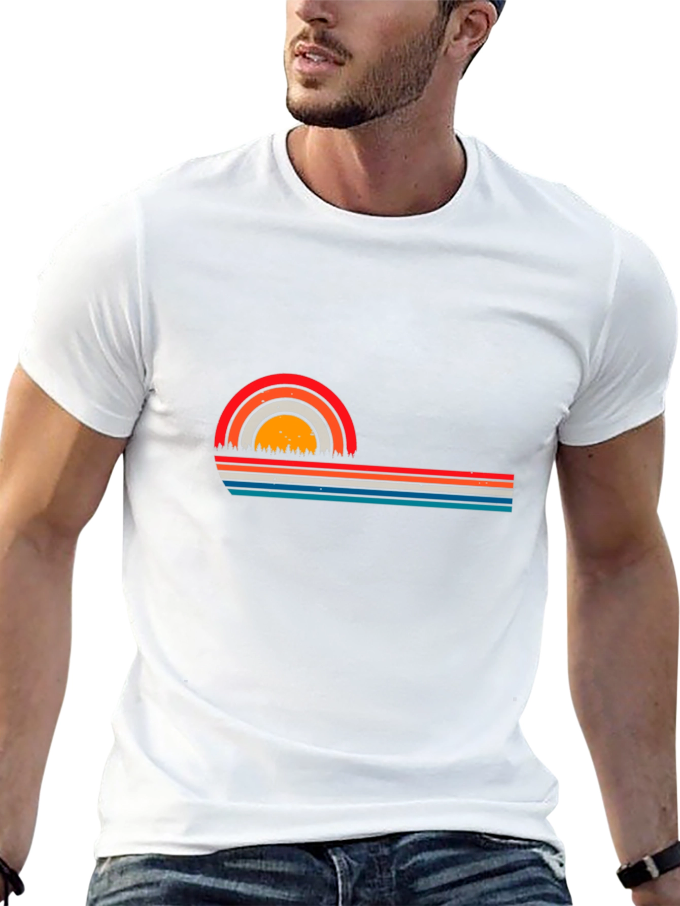Retro Sunset Striped Graphic Tee - Black T-Shirt