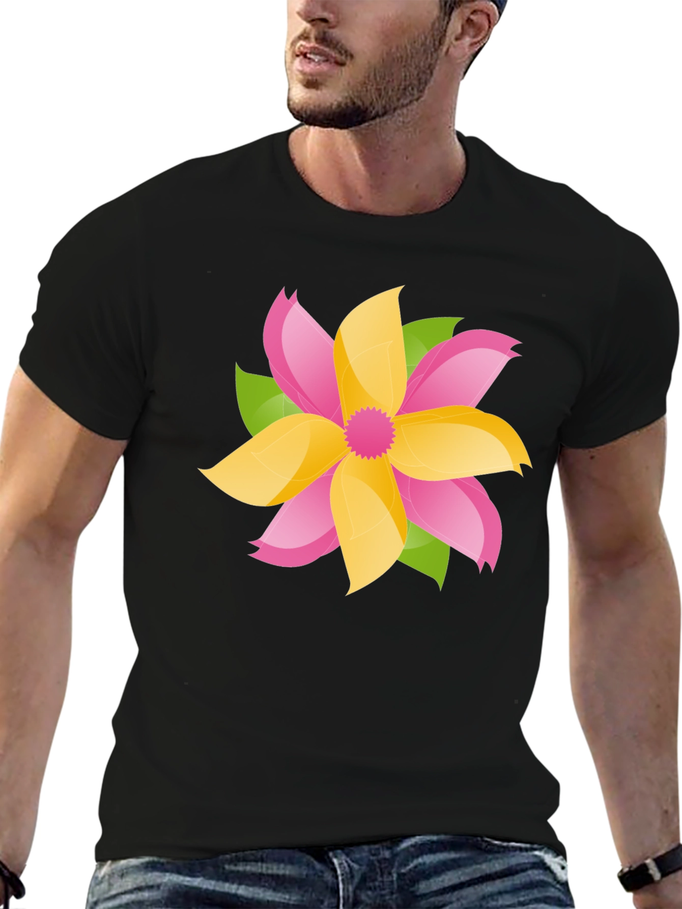 Floral Graphic Tee - Bold Black Cotton T-Shirt