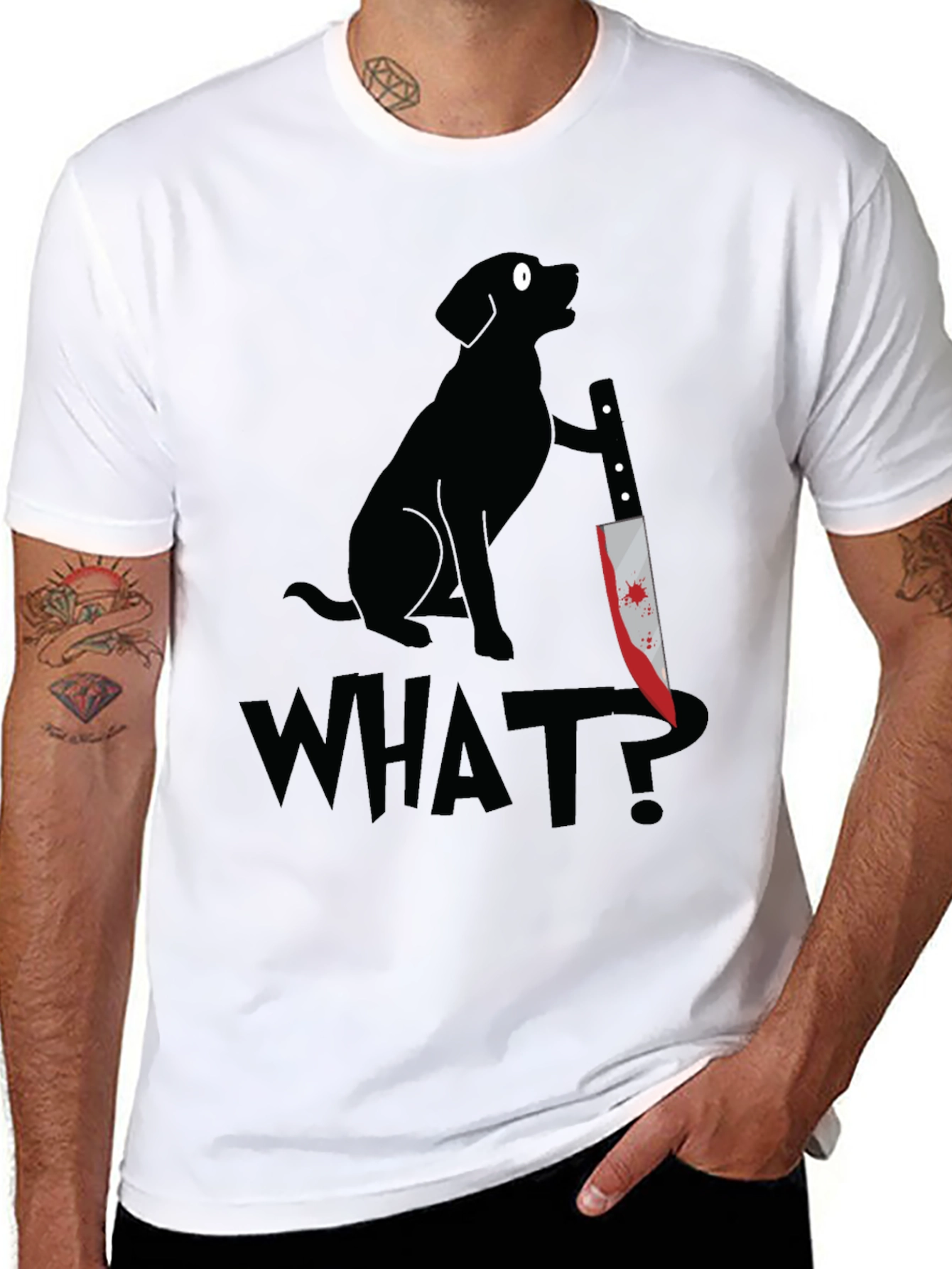 Dog with Knife Graphic Tee - What? T-Shirt