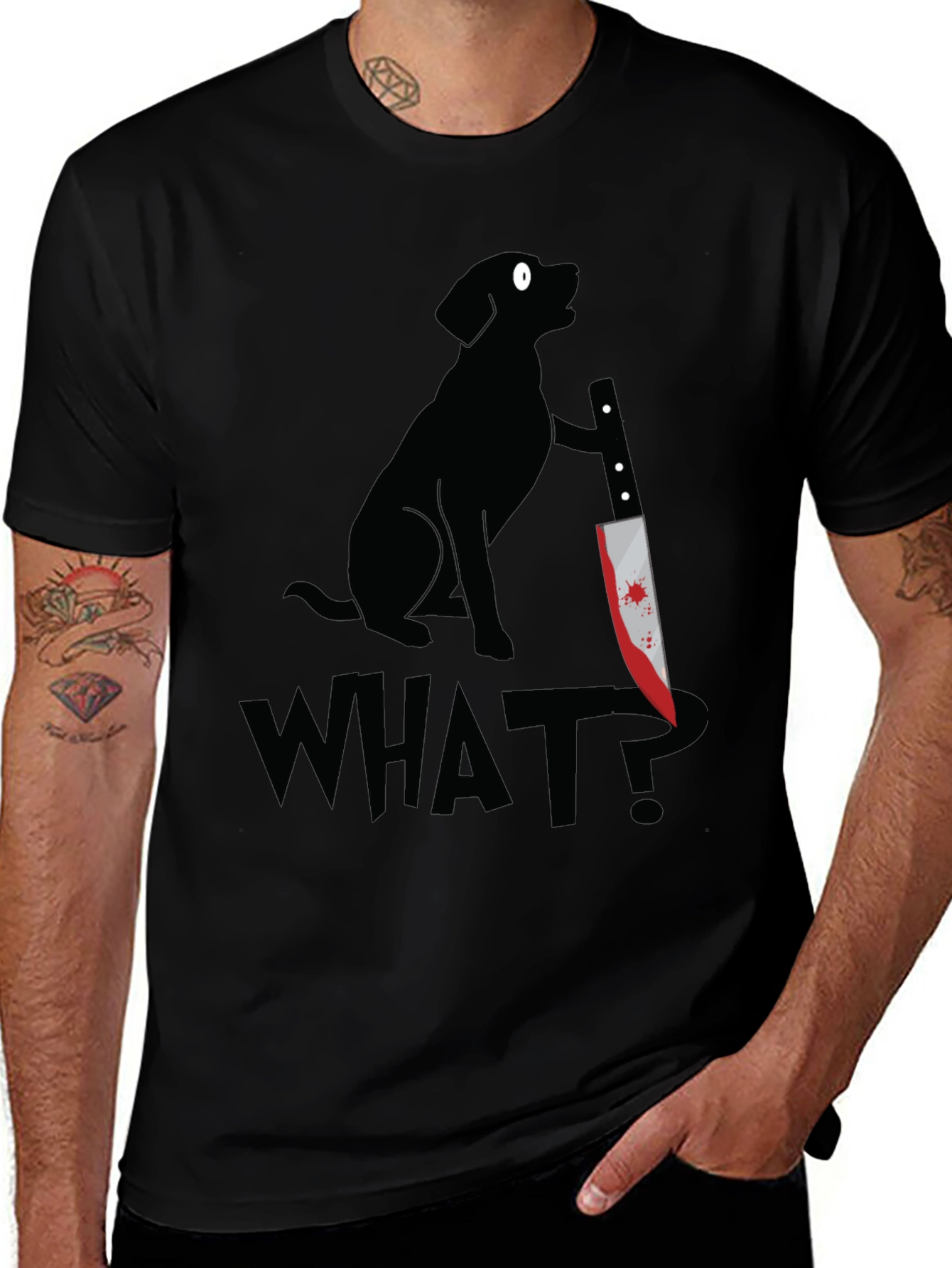 Dog with Knife Graphic Tee - What? T-Shirt