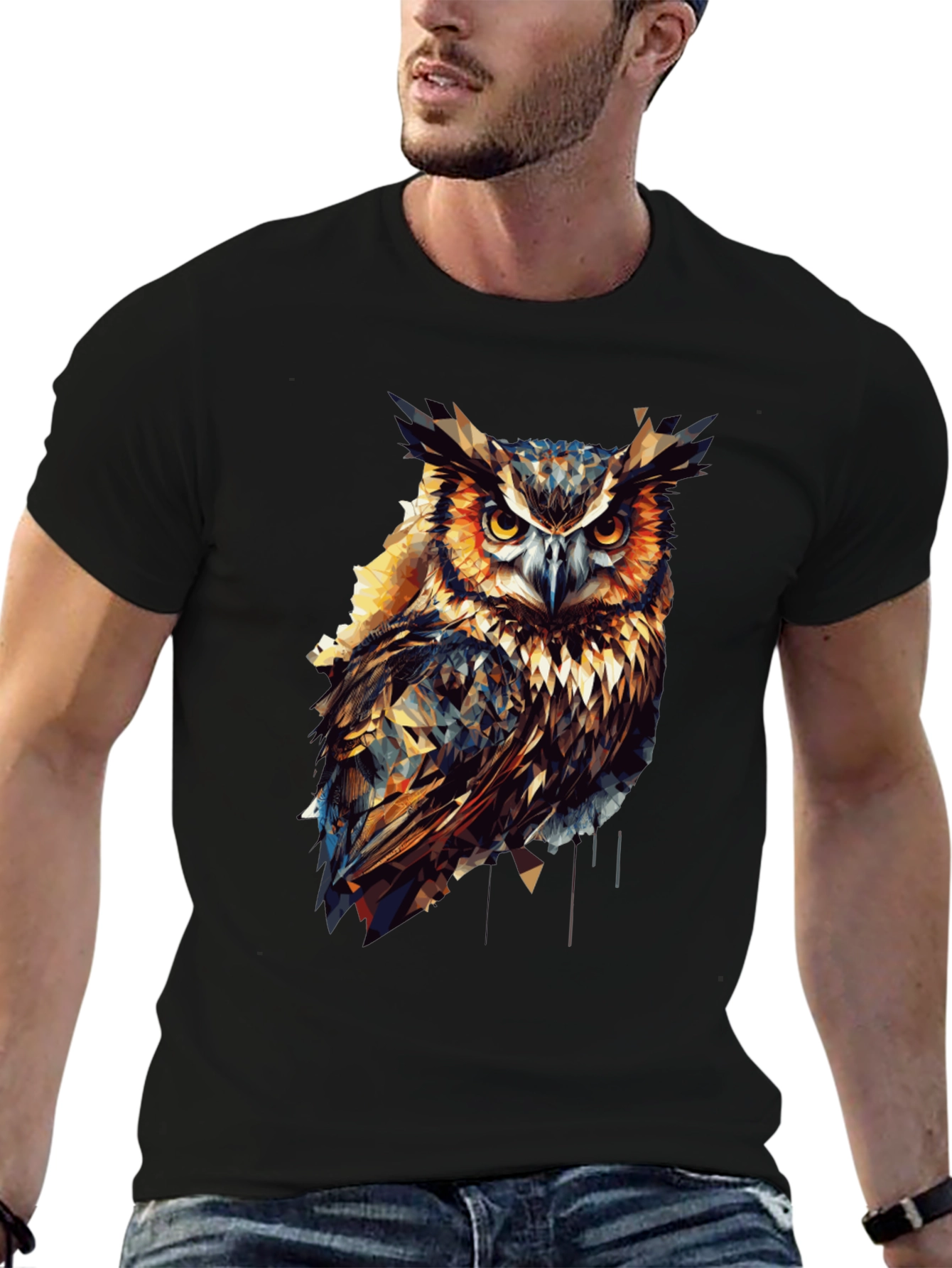 Geometric Owl Graphic Print Black T-Shirt