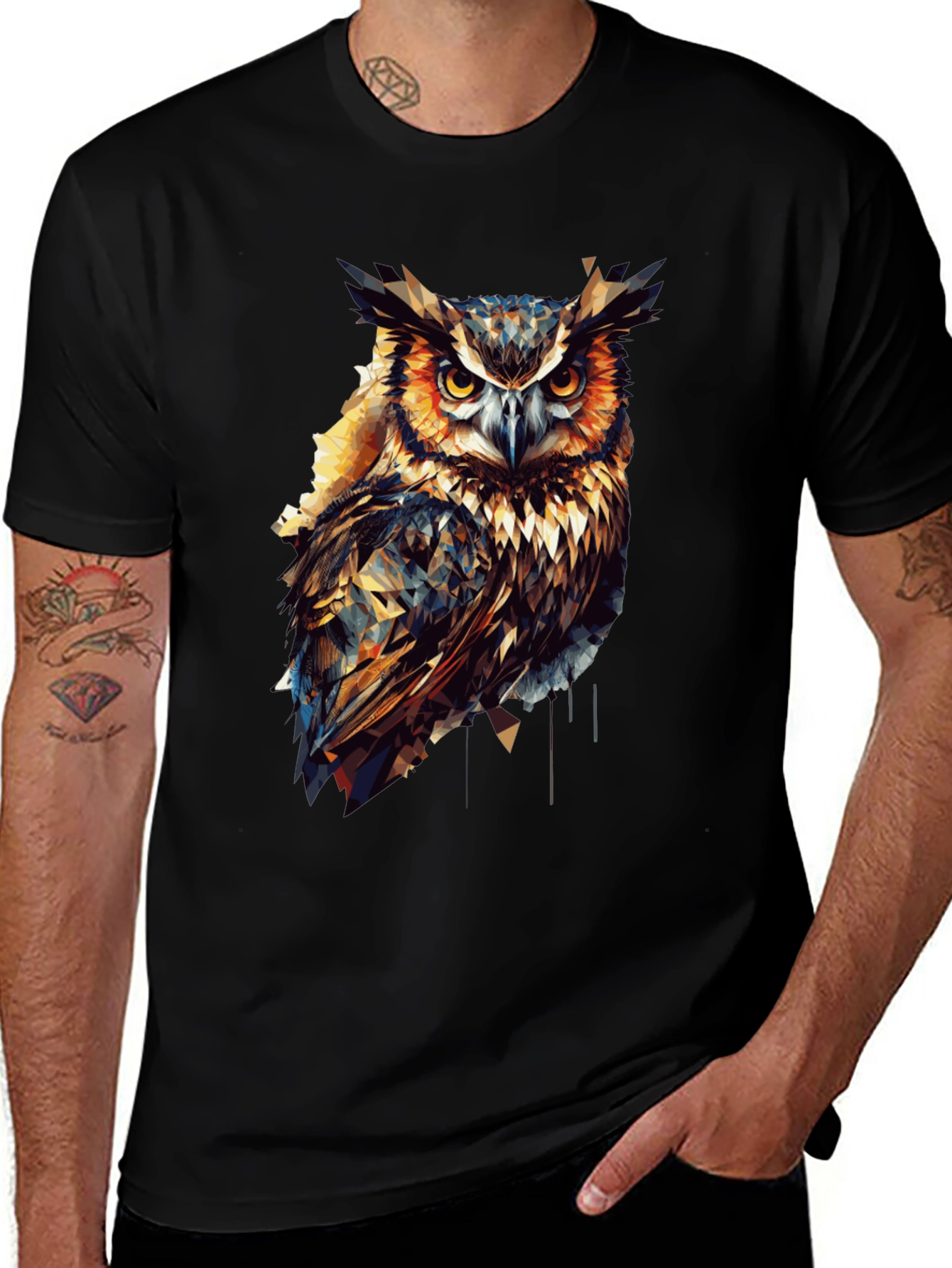 Geometric Owl Graphic Print Black T-Shirt